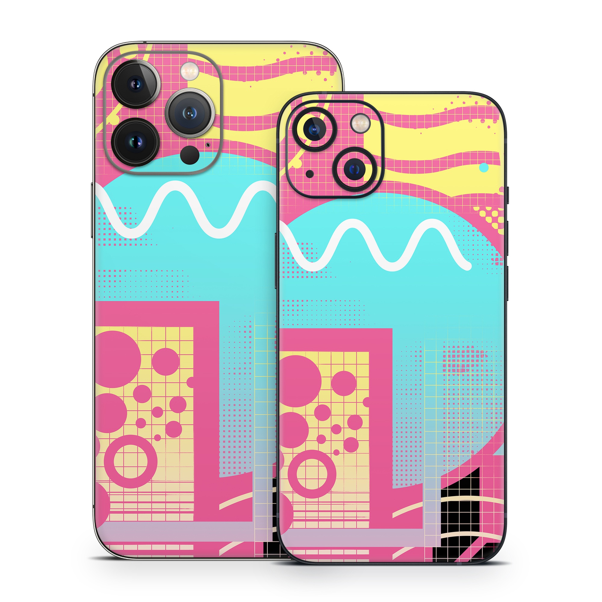 iPhone 13 Series Skin design of Textile, Organism, Font, Art, Pink, Rectangle, Line, Aqua, Magenta, Circle, with pink, yellow, blue, black, white colors