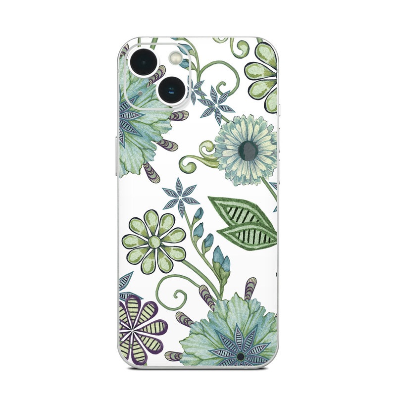 iPhone 13 Series Skin design of Green, Pattern, Flower, Botany, Plant, Leaf, Design, Wildflower, with white, green, blue colors