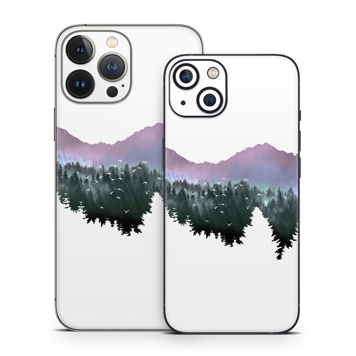 iPhone 13 Series Skin design of Nature, Mountainous landforms, Mountain, Atmospheric phenomenon, Tree, Wilderness, Sky, Mountain range, Forest, Hill, with white, black, purple, blue, green colors