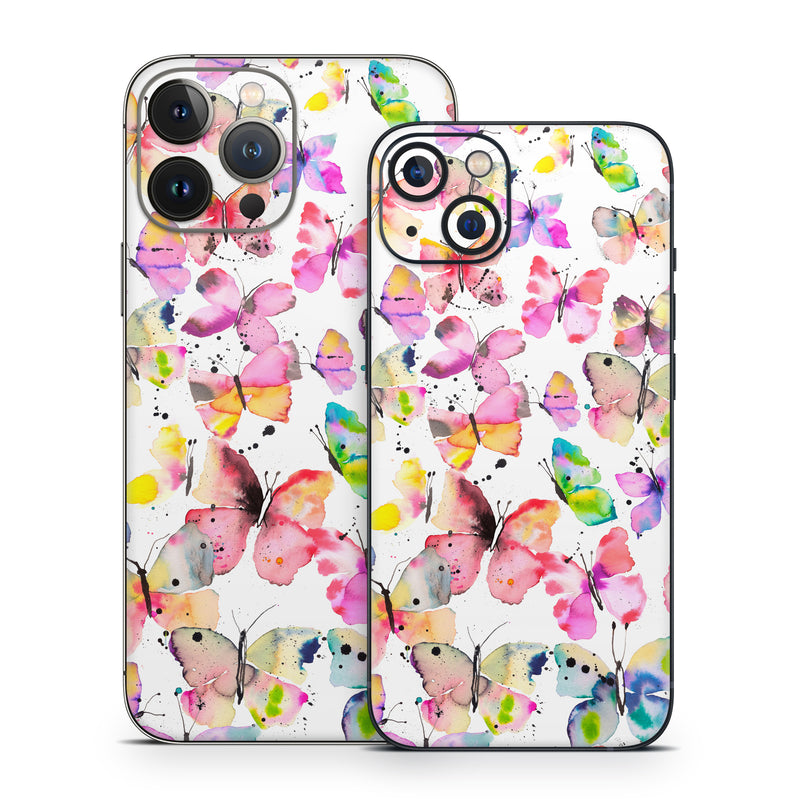 iPhone 13 Series Skin design of Pollinator, Butterfly, Pink, Insect, Lepidoptera, Arthropod, Paint, Watercolor painting, with white, pink, red, blue, green, purple, yellow, orange colors