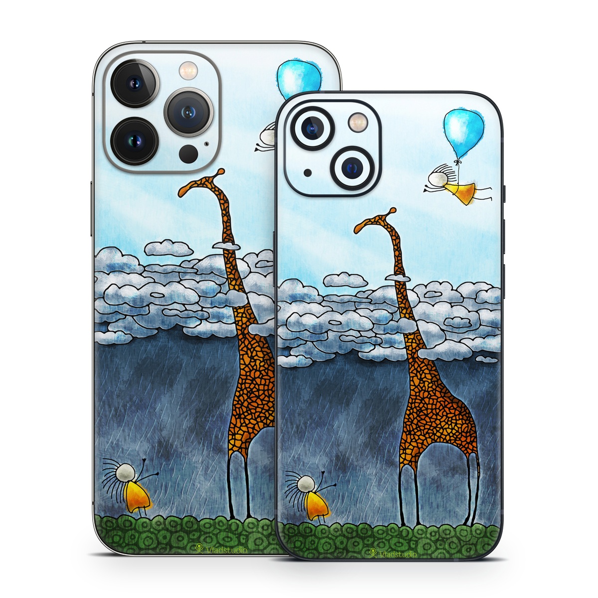 iPhone 13 Series Skin design of Giraffe, Sky, Tree, Water, Branch, Giraffidae, Illustration, Cloud, Grassland, Bird, with blue, gray, yellow, green colors