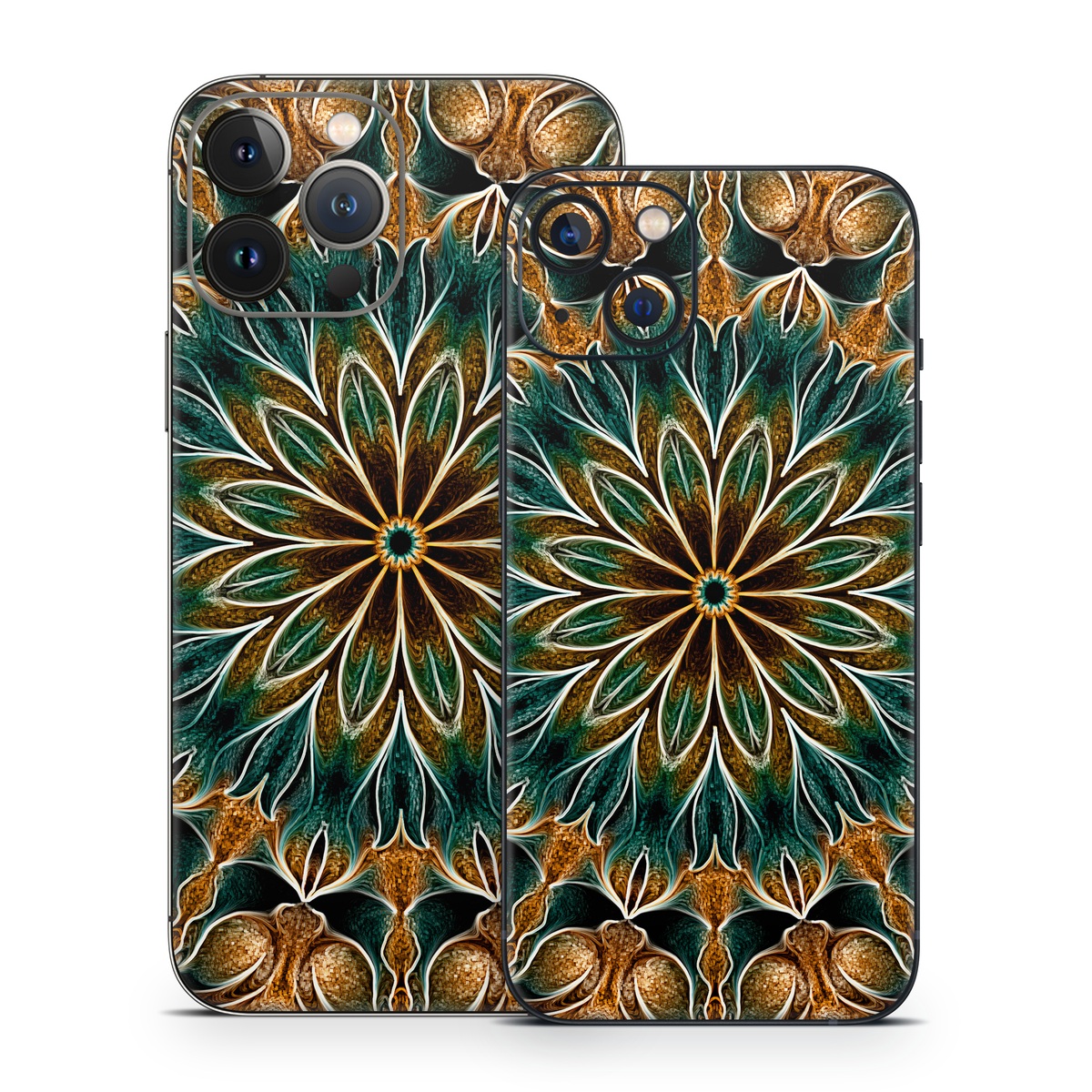 iPhone 13 Series Skin design of Pattern, Symmetry, Textile, Art, Psychedelic art, Tapestry, Design, Visual arts, Kaleidoscope, Motif, with green, orange, yellow, brown, red colors