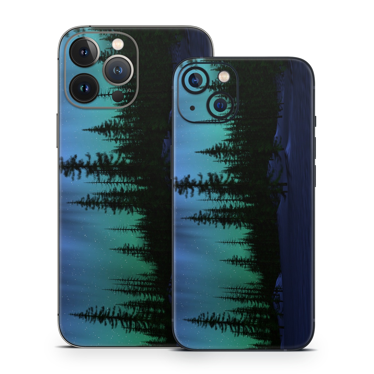 iPhone 13 Series Skin design of Aurora, Nature, Sky, shortleaf black spruce, Natural landscape, Tree, Wilderness, Natural environment, Biome, Spruce-fir forest, with blue, purple, green, black colors