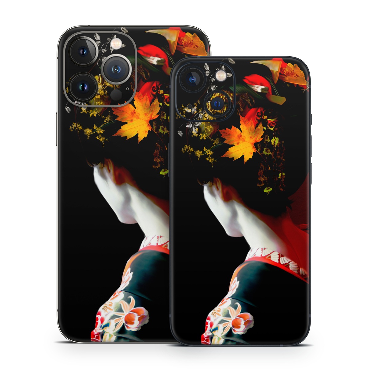 iPhone 13 Series Skin design of Geisha, Red, Flower, Plant, Headgear, Photography, Peking opera, Costume, Headpiece, Art, with black, red, orange, yellow, white colors