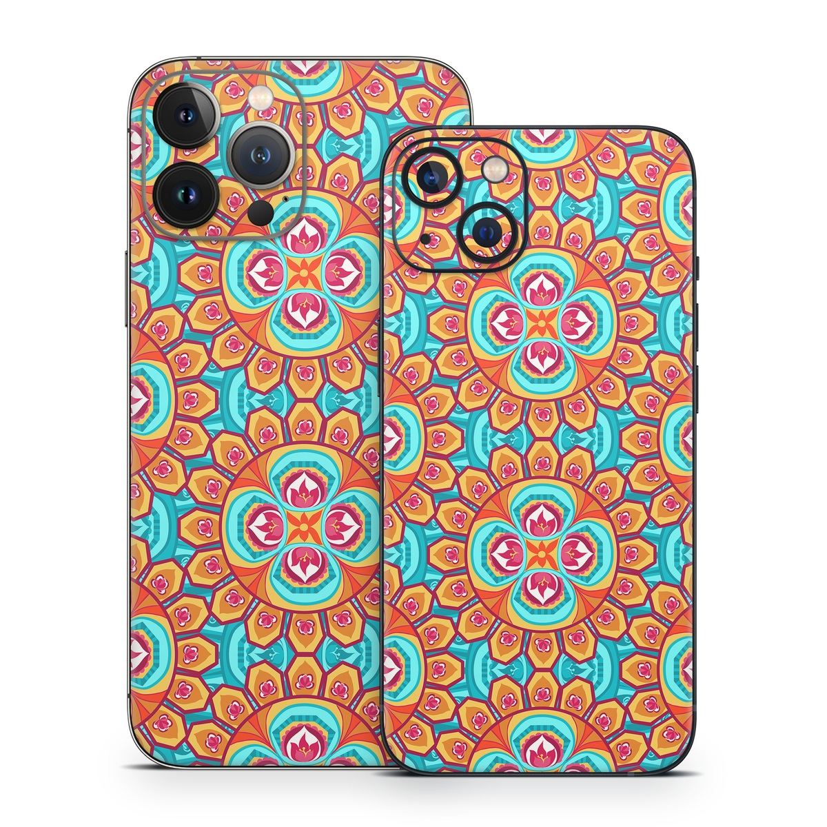 iPhone 13 Series Skin design of Pattern, Orange, Design, Textile, Wrapping paper, Visual arts, Motif, Circle, Art, with blue, orange, red, yellow colors