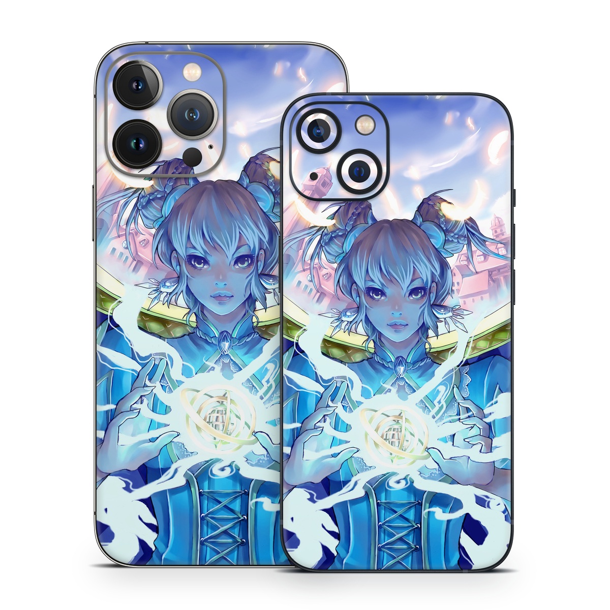 iPhone 13 Series Skin design of Cg artwork, Anime, Cartoon, Sky, Long hair, Illustration, Fictional character, Black hair, Art, with blue, purple, pink, white, yellow colors