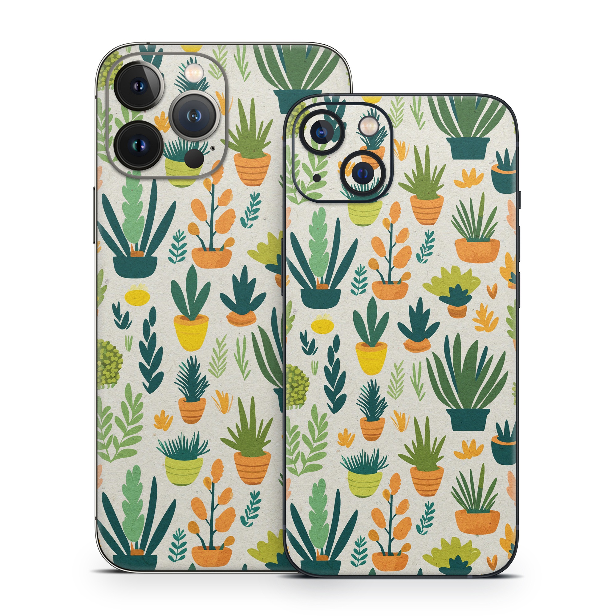 iPhone 13 Series Skin design of Flower, Plant, Petal, Textile, Botany, Art, Creative arts, Flowering plant, Porcelain, Groundcover, with white, green, brown, yellow, orange colors