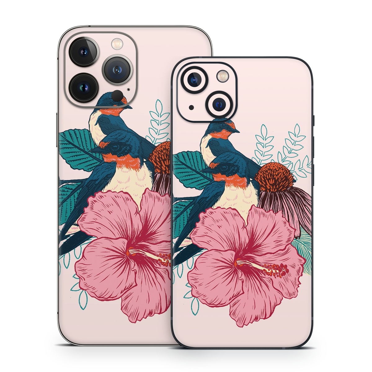 iPhone 13 Series Skin design of Bird, Hawaiian hibiscus, Hibiscus, Illustration, Chinese hibiscus, Botany, Flower, Plant, Malvales, Mallow family, with blue, pink, green, yellow, red colors