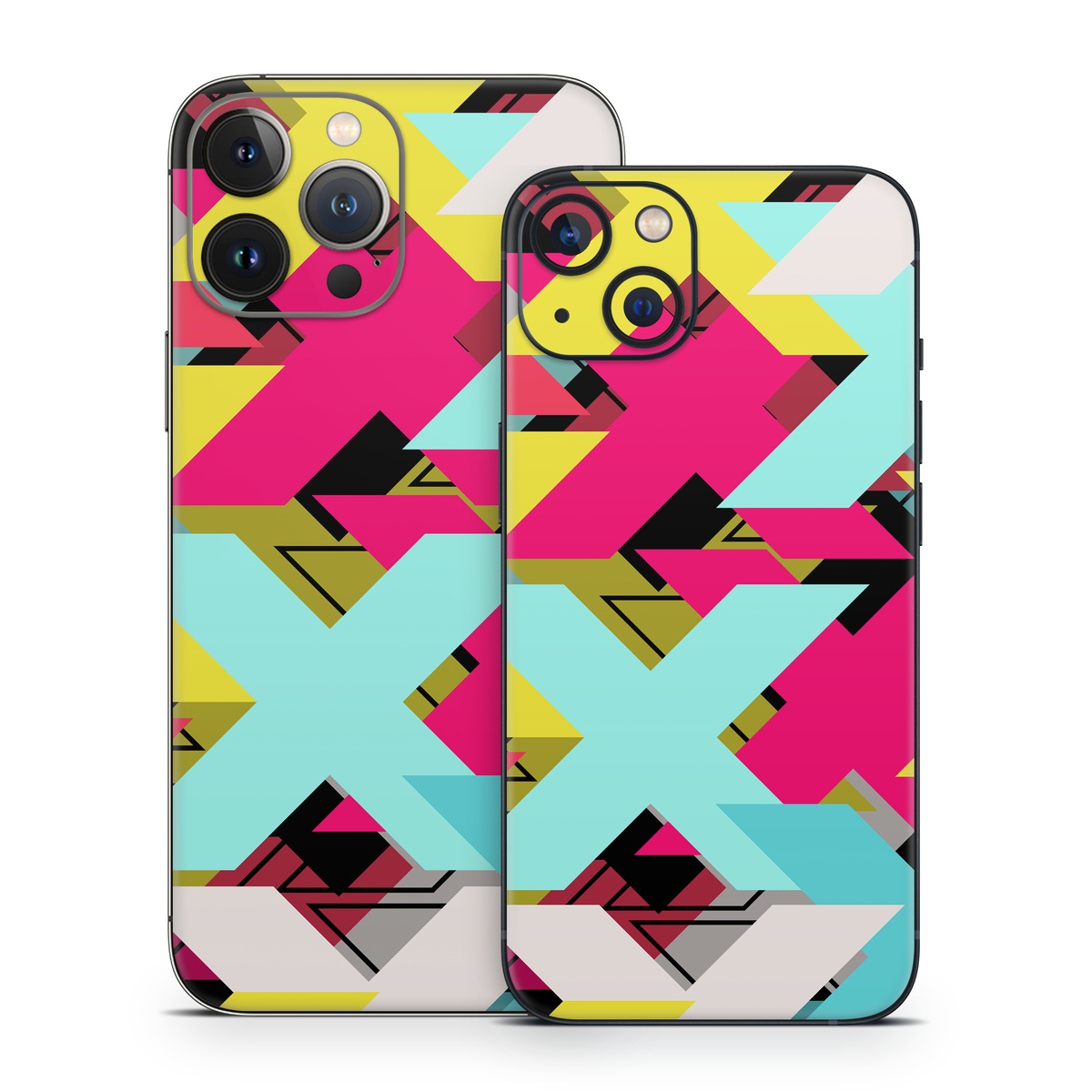 iPhone 13 Series Skin design of Pattern, Graphic design, Line, Design, Triangle, Font, Illustration, Magenta, Visual arts, with yellow, blue, white, black, red, pink colors