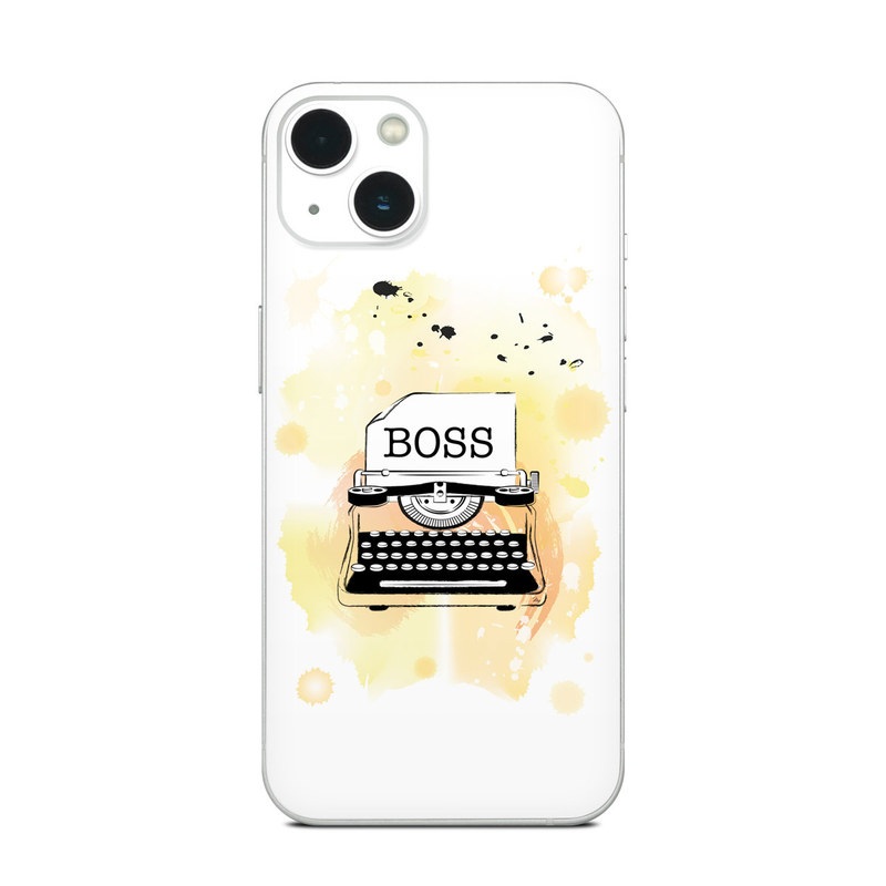 iPhone 13 Series Skin design of Font, Office equipment, Art, Typewriter, Illustration, Graphics, Painting, Eyelash, Logo, Line art, with white, black, yellow, orange colors