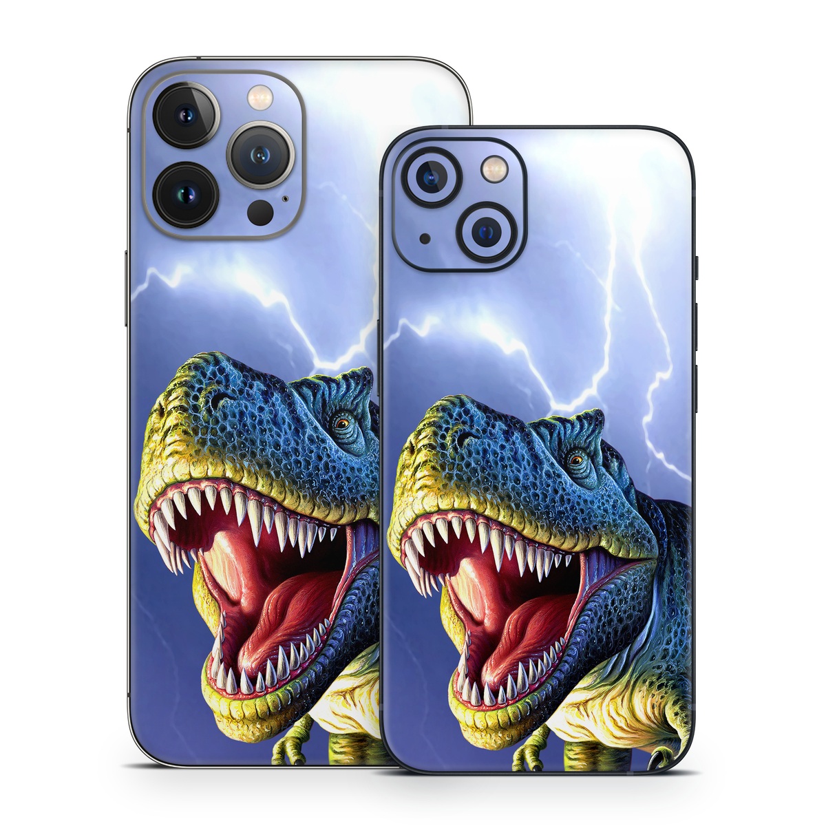 iPhone 13 Series Skin design of Dinosaur, Extinction, Tyrannosaurus, Velociraptor, Tooth, Jaw, Organism, Mouth, Fictional character, Art, with blue, green, yellow, orange, red colors