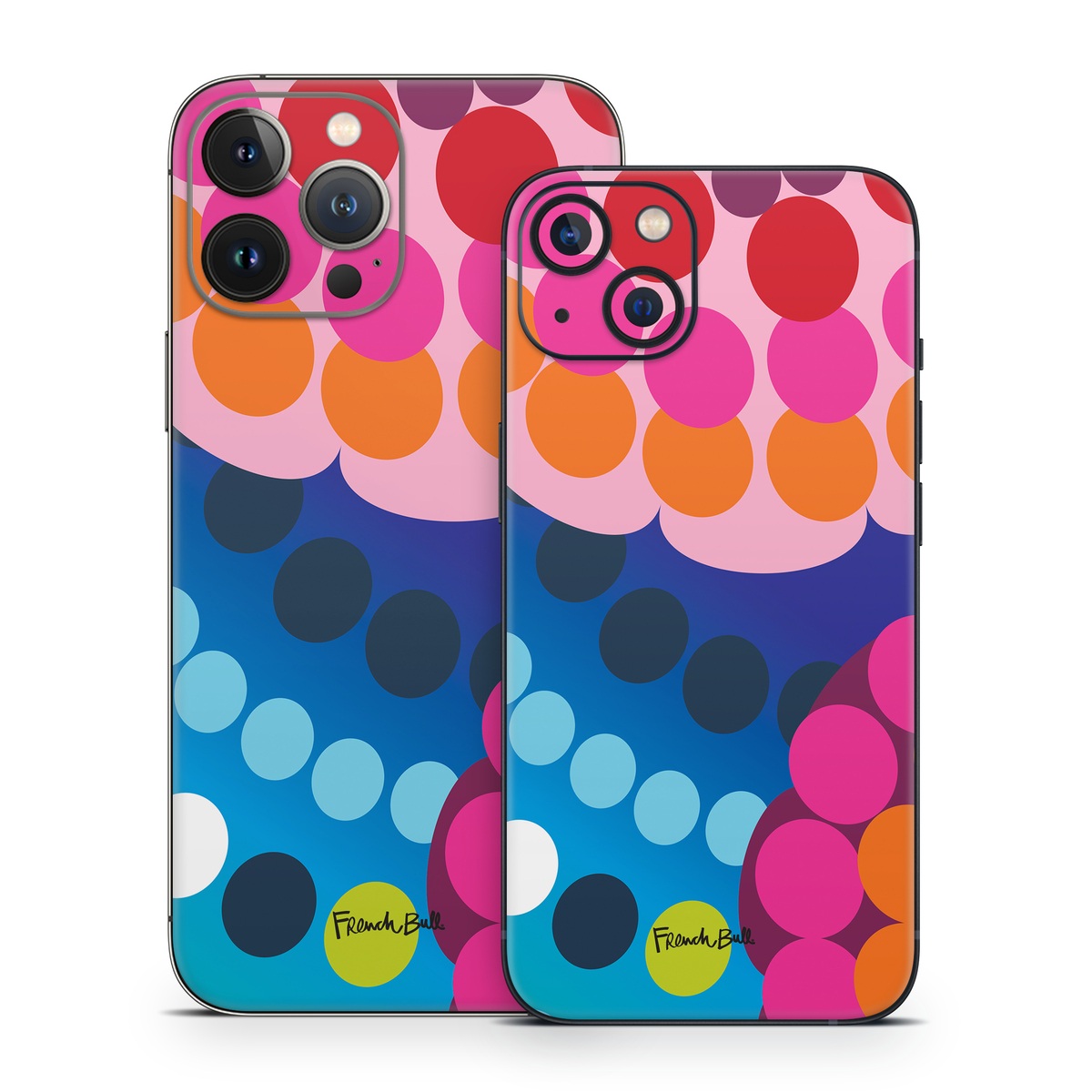 iPhone 13 Series Skin design of Pattern, Circle, Orange, Colorfulness, Design, Line, Polka dot, Graphic design, Graphics, Heart, with blue, green, pink, orange, purple colors