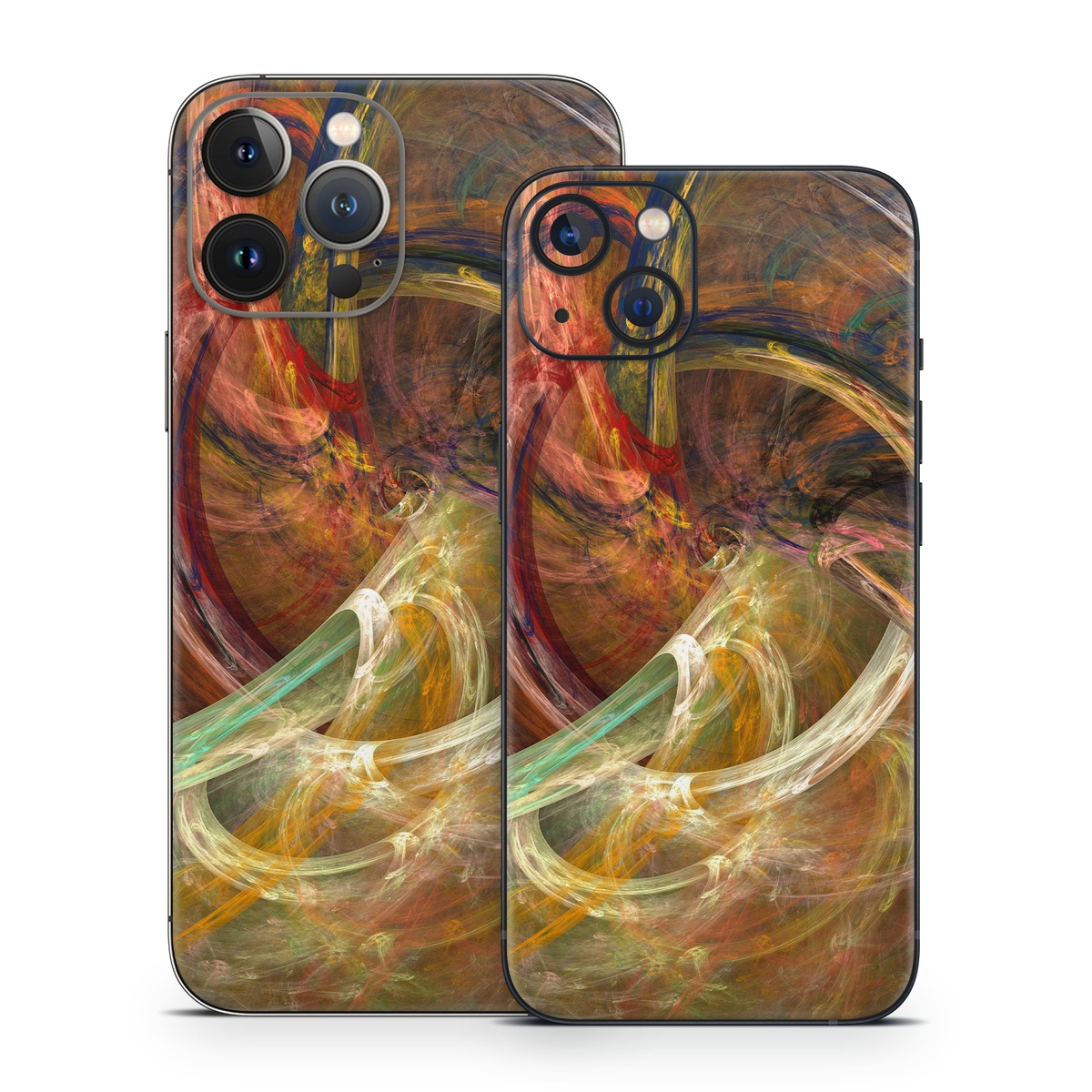 iPhone 13 Series Skin design of Fractal art, Art, Painting, Visual arts, Modern art, Graphics, Artwork, Stock photography, Circle, Space, with brown, red, yellow, orange, green colors