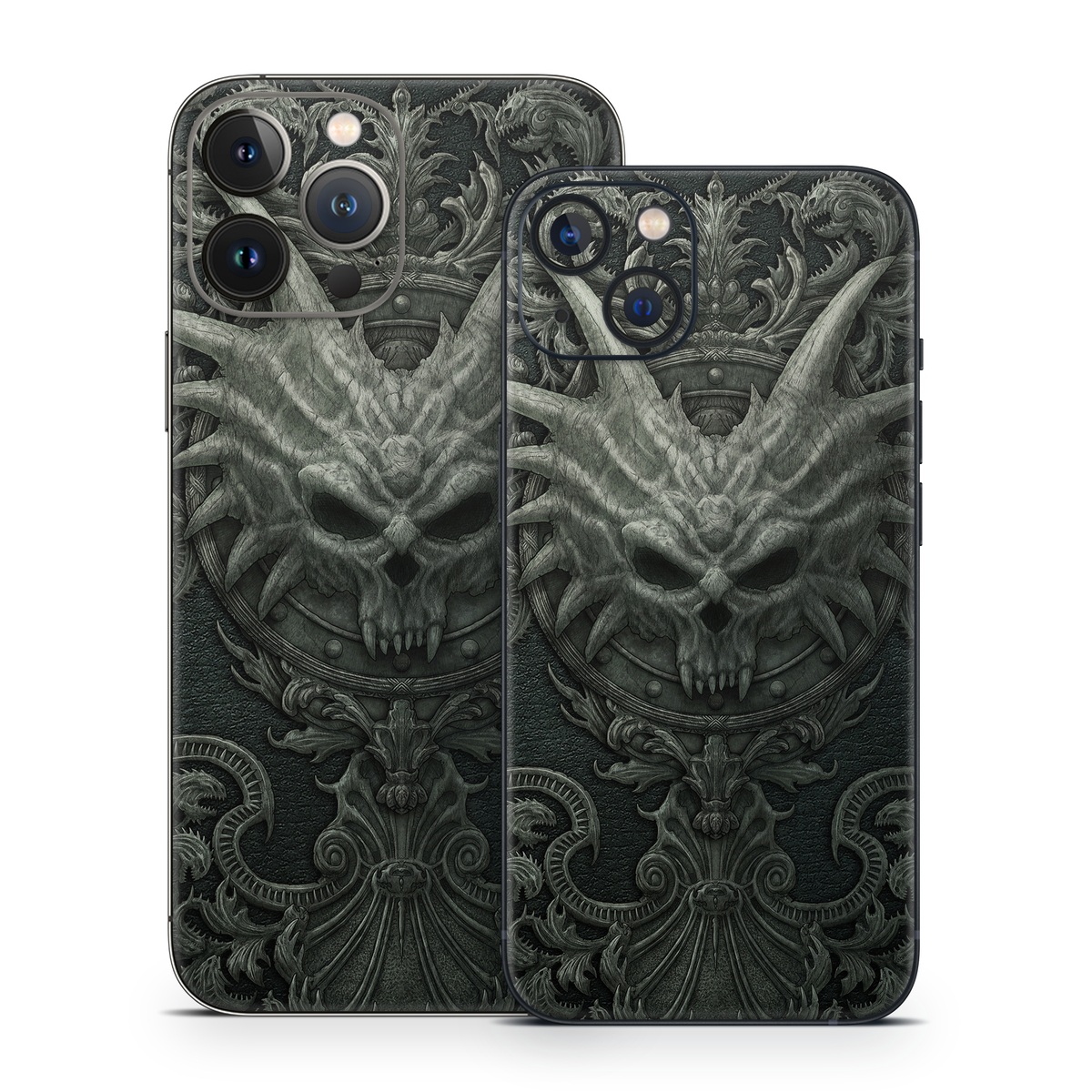 iPhone 13 Series Skin design of Demon, Dragon, Fictional character, Illustration, Supernatural creature, Drawing, Symmetry, Art, Mythology, Mythical creature, with black, gray colors