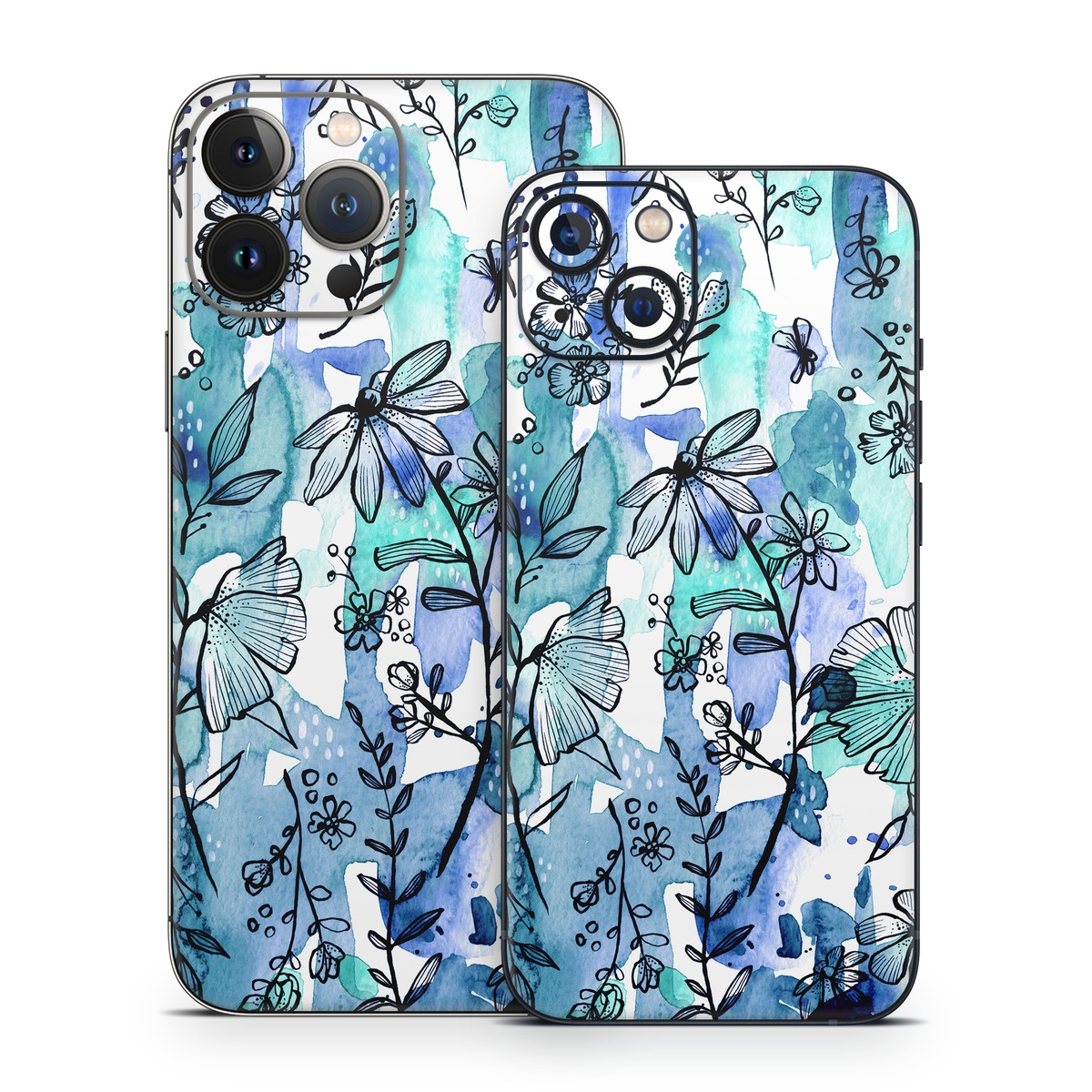 iPhone 13 Series Skin design of Blue, Pattern, Turquoise, Aqua, Design, Textile, Wildflower, Plant, Wrapping paper, Gift wrapping, with blue, white, black, purple colors