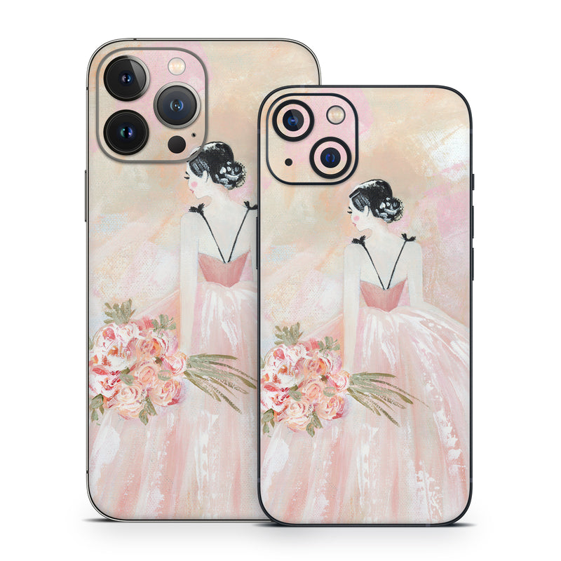 iPhone 13 Series Skin design of Pink, Gown, Fashion illustration, Dress, Watercolor painting, Bridal Clothing, Creative arts, Haute couture, Design, Wedding dress, with pink, red, green, black, white colors