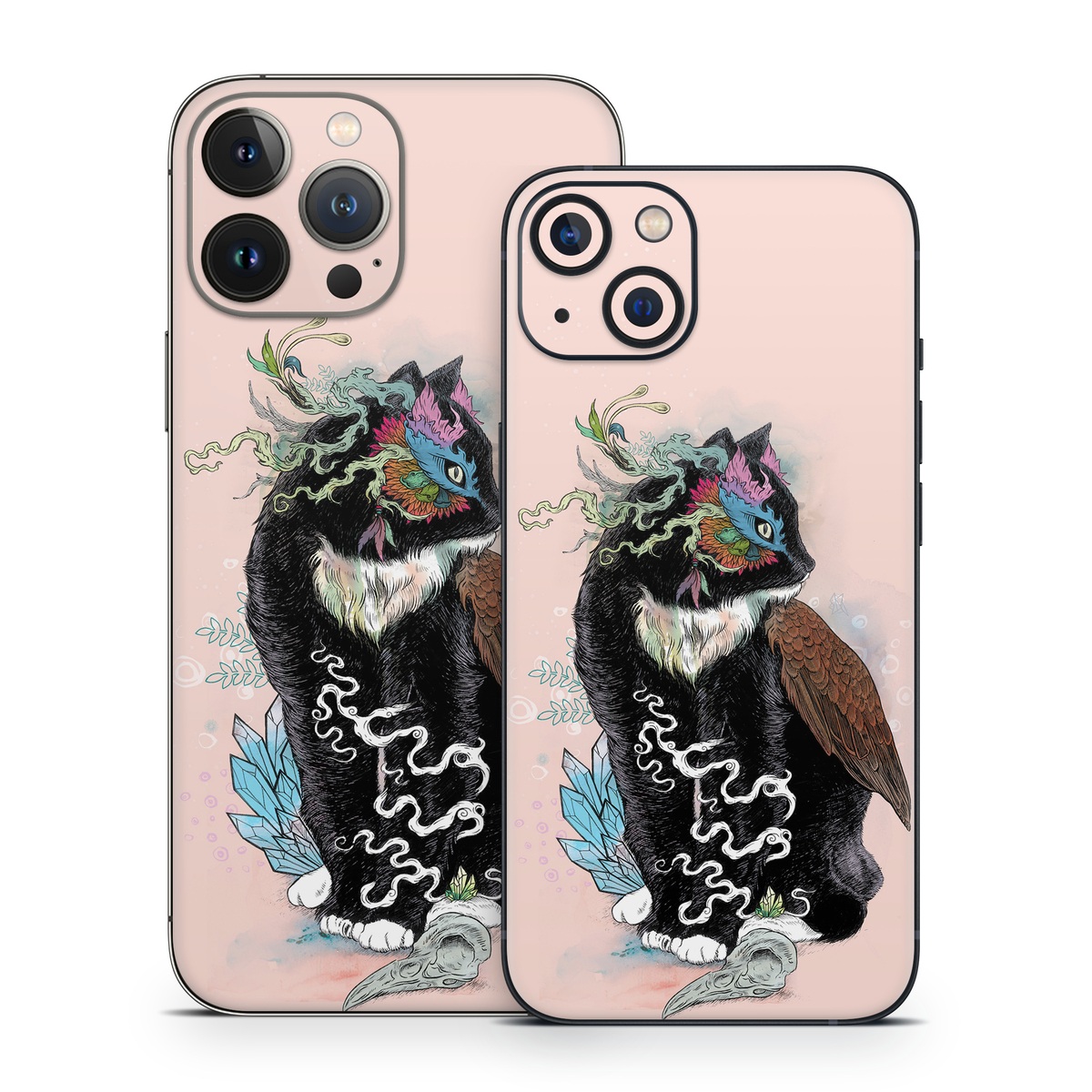 iPhone 13 Series Skin design of Illustration, Owl, Art, Graphic design, Cat, Tail, with pink, black, brown, red, green colors