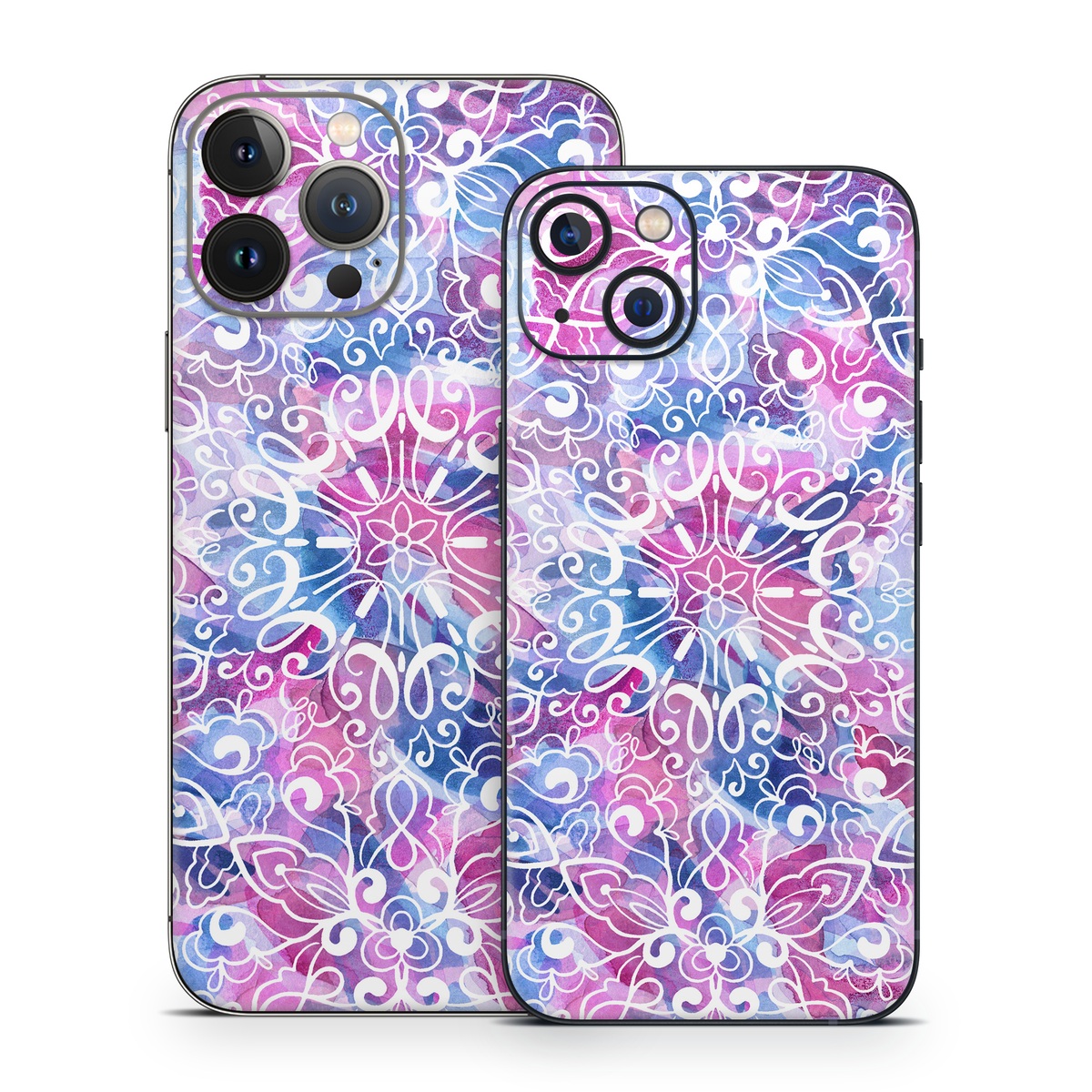 iPhone 13 Series Skin design of Pattern, Pink, Lilac, Design, Textile, Visual arts, Motif, Floral design, Plant, with blue, pink, purple, white colors