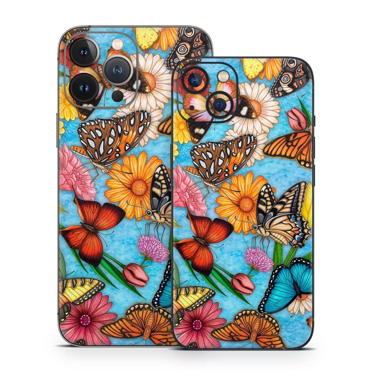iPhone 13 Series Skin design of Cynthia (subgenus), Butterfly, Monarch butterfly, Moths and butterflies, Brush-footed butterfly, Pollinator, Insect, Pattern, Design, Organism, with blue, pink, orange, yellow, red colors