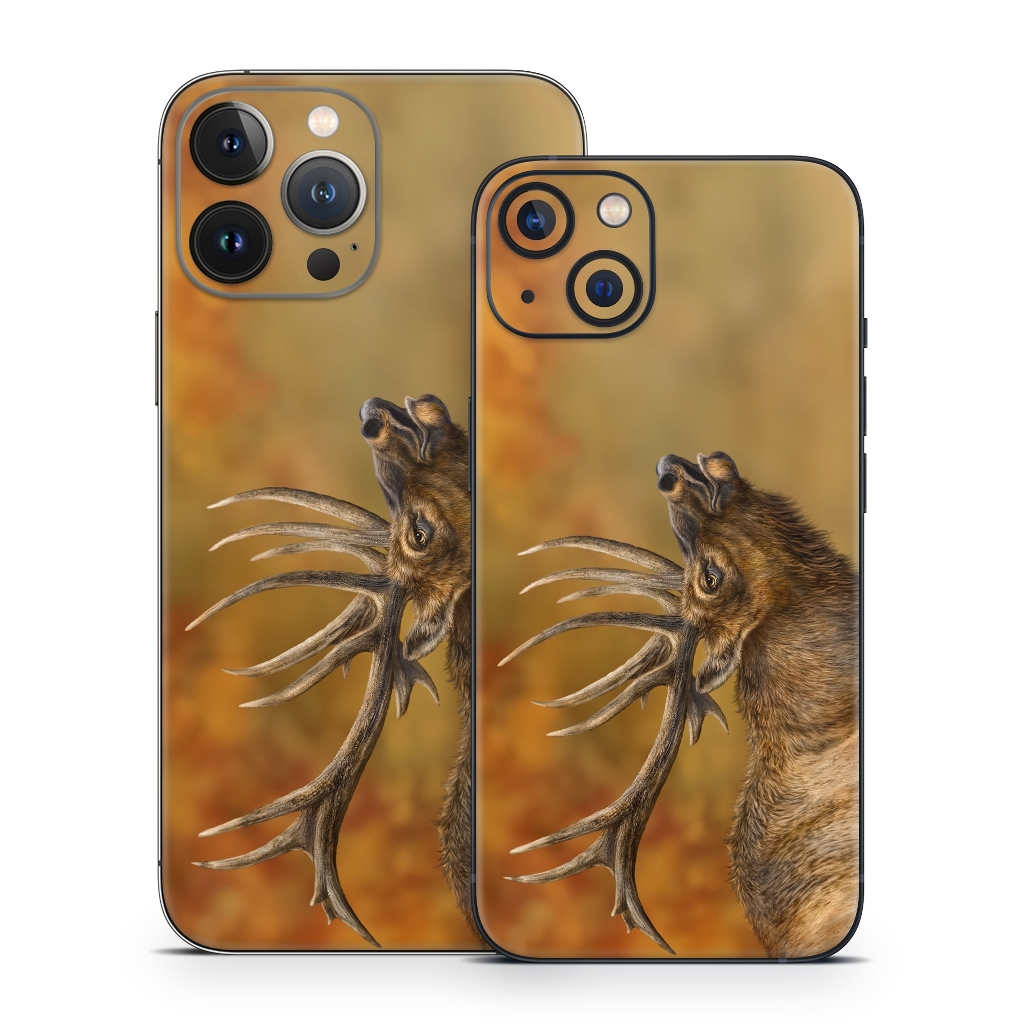iPhone 13 Series Skin design of Head, Deer, Natural material, Barren ground Caribou, Fawn, Terrestrial animal, Horn, Elk, Snout, Reindeer, with brown, black, orange, yellow, gray colors