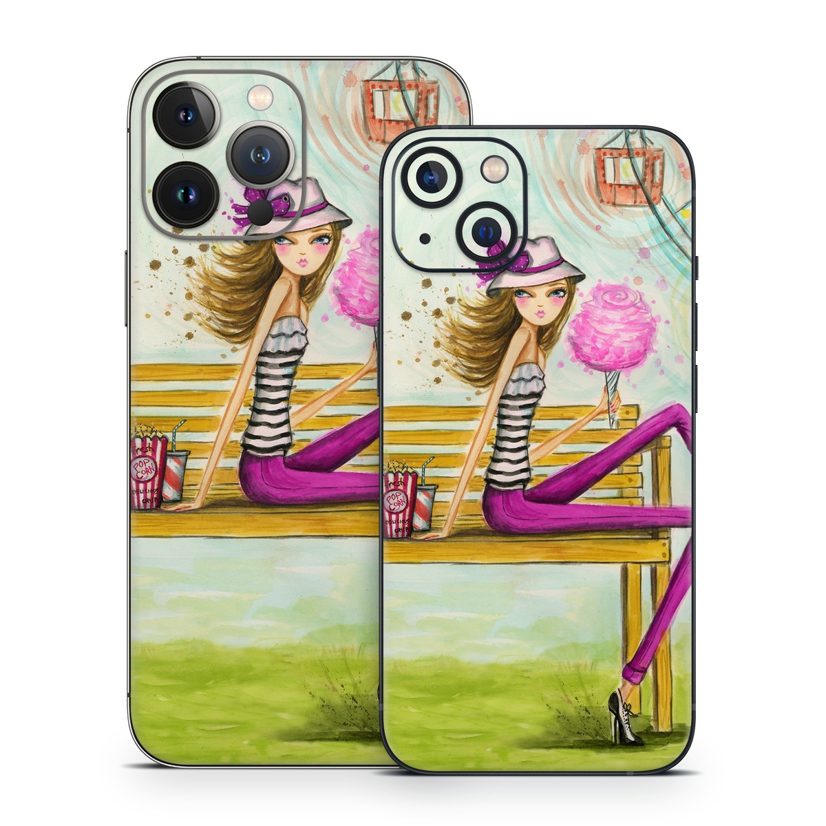 iPhone 13 Series Skin design of Illustration, Fashion illustration, Art, Sitting, Watercolor paint, Plant, Graphic design, Style, Painting, with green, yellow, blue, pink, purple, black, white, orange colors
