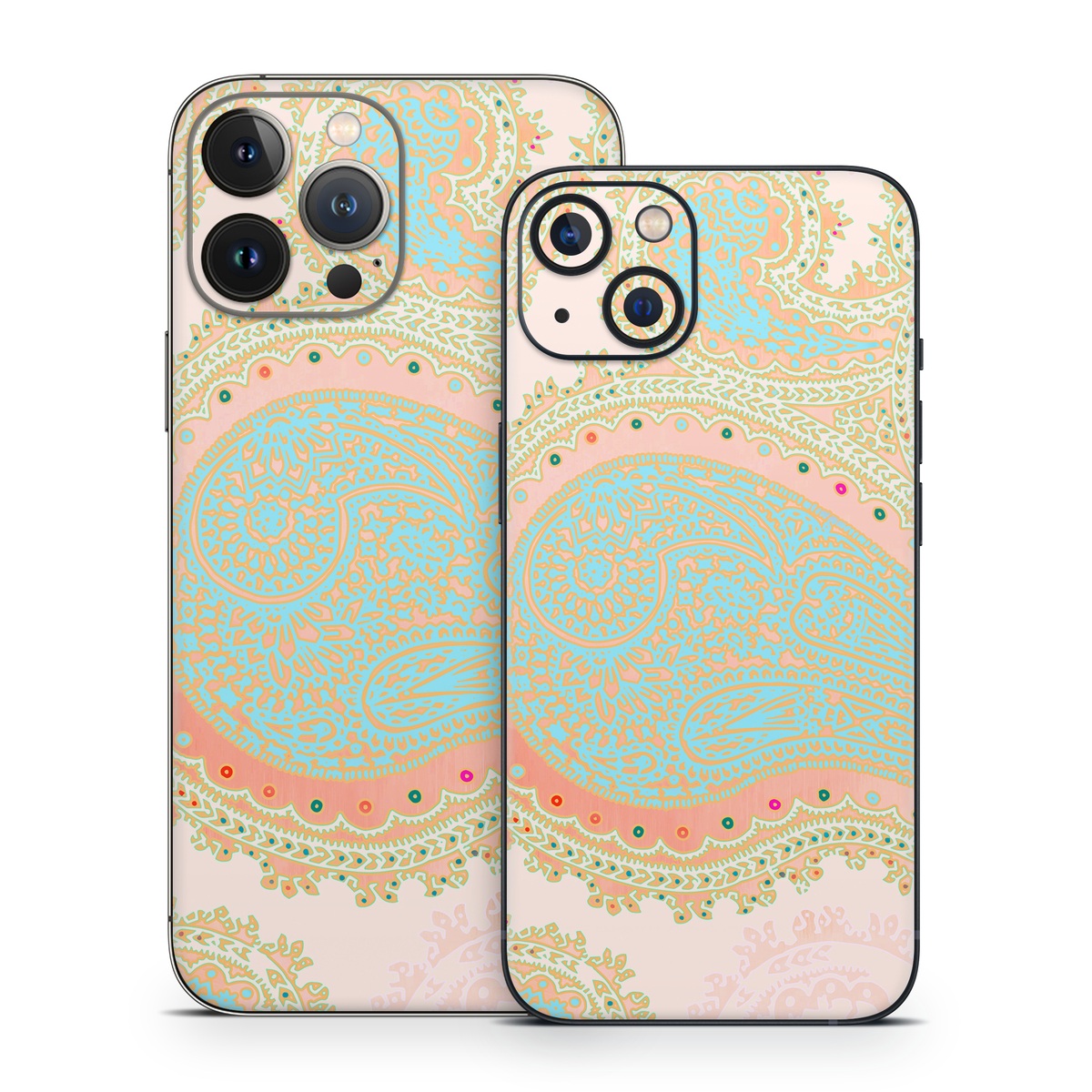 iPhone 13 Series Skin design of Pattern, Visual arts, Paisley, Pink, Design, Motif, Line, Wallpaper, Peach, with pink, blue, red colors