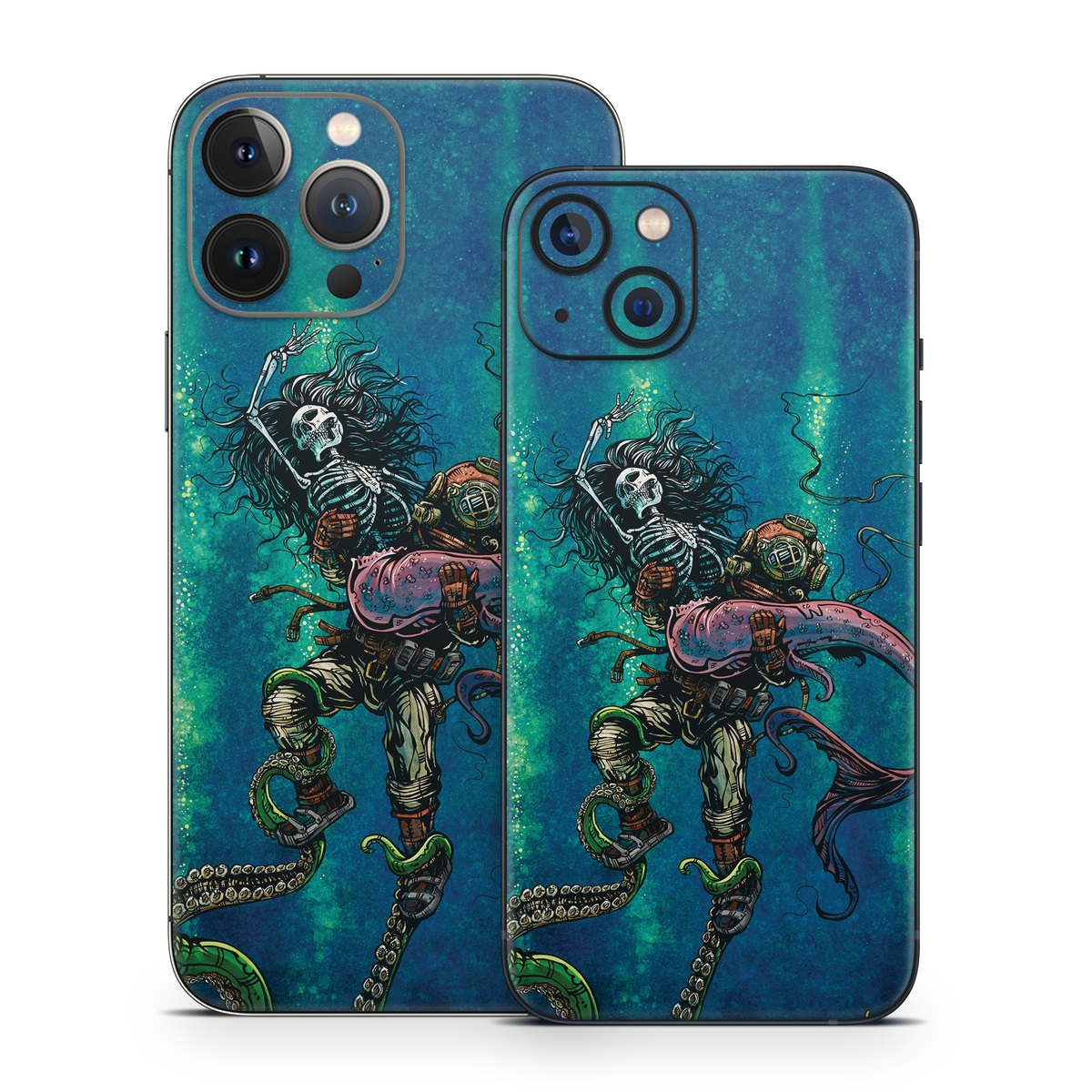 iPhone 13 Series Skin design of Water, Fluid, Underwater, Marine invertebrates, Marine biology, Electric blue, Liquid, Recreation, Underwater diving, Art, with blue, green, orange, purple, pink, black, white, gray colors