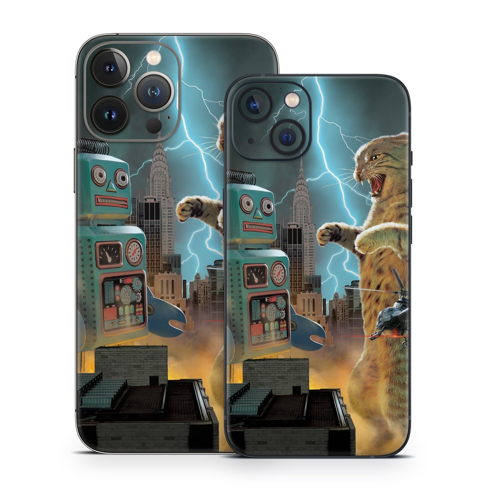 iPhone 13 Series Skin design of Lightning, Felidae, Carnivore, Art, Whiskers, Big cats, Cg artwork, Terrestrial animal, Small to medium-sized cats, Thunder, with black, blue, red, yellow, white, brown, gray, orange colors