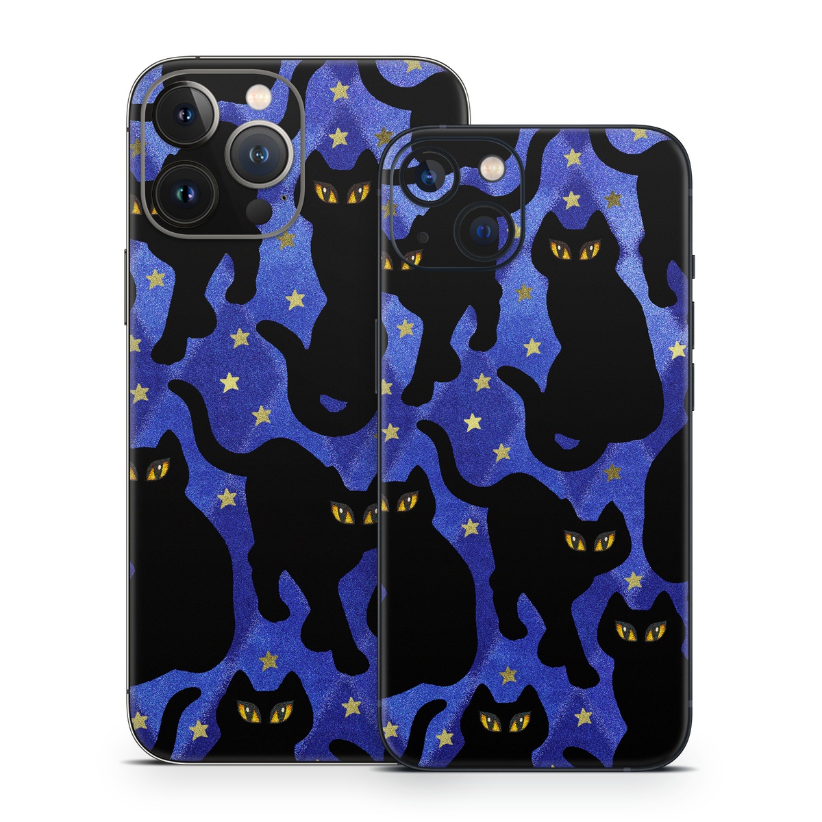 iPhone 13 Series Skin design of Black cat, Black, Cat, Small to medium-sized cats, Pattern, Felidae, Design, Electric blue, Illustration, Art, with black, blue, purple, yellow colors
