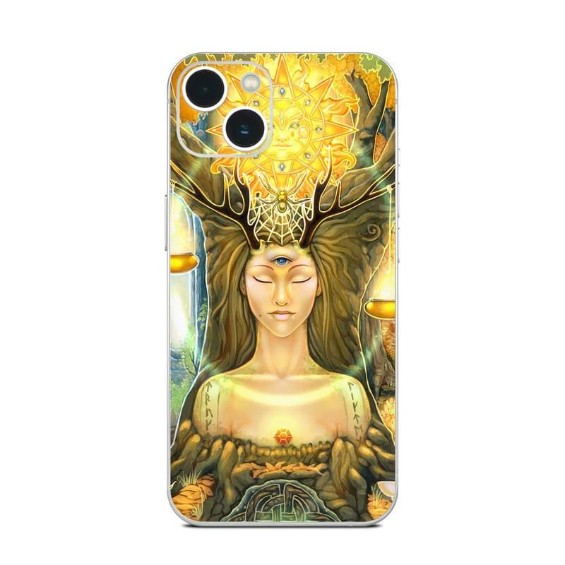 iPhone 13 Series Skin design of Painting, Art, Illustration, Plant, Fictional character, Mythology, Cg artwork, Visual arts, Glass, Drawing, with yellow, green, brown, pink, orange, black colors
