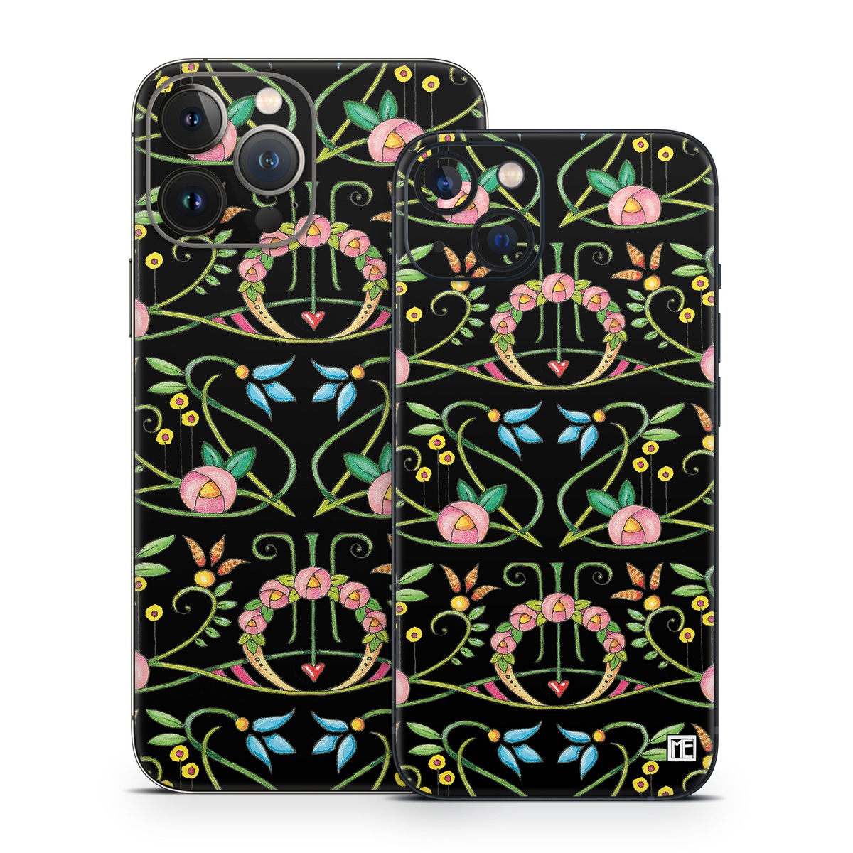 iPhone 13 Series Skin design of Flower, Rectangle, Textile, Ornament, Plant, Line, Motif, Creative arts, Art, Pattern, with black, pink, blue, green, yellow colors