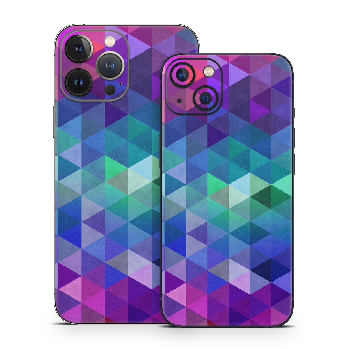 iPhone 13 Series Skin design of Purple, Violet, Pattern, Blue, Magenta, Triangle, Line, Design, Graphic design, Symmetry, with blue, purple, green, red, pink colors