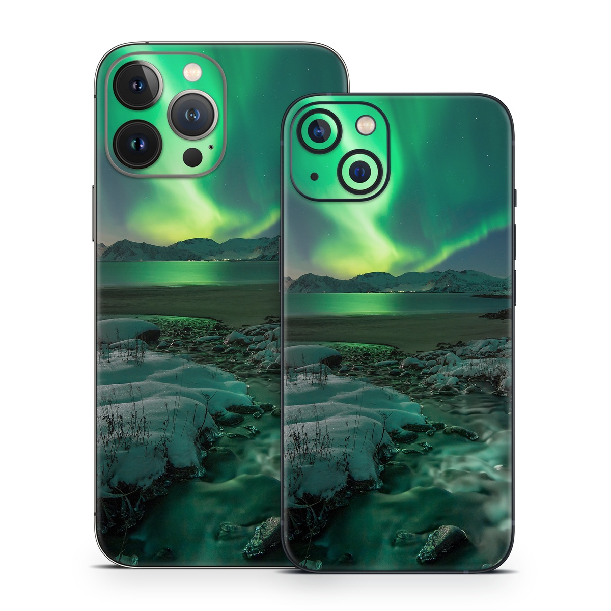 iPhone 13 Series Skin design of Nature, Aurora, Sky, Geological phenomenon, Water, Atmosphere, Space, Landscape, World, Glacier, with white, green, blue, black, gray colors