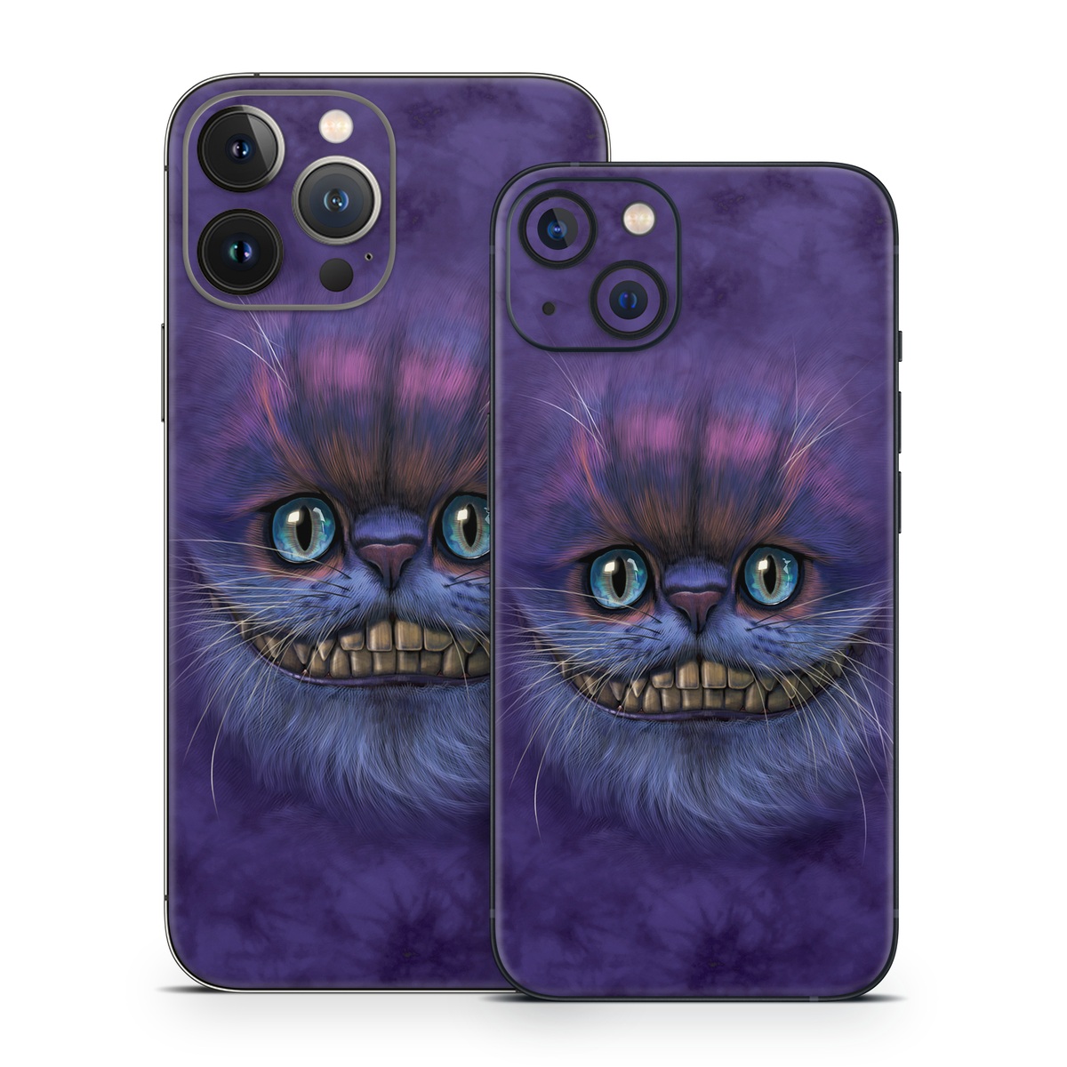 iPhone 13 Series Skin design of Cat, Whiskers, Felidae, Small to medium-sized cats, Snout, Eye, Illustration, Ojos azules, Black cat, Carnivore, with purple, blue colors