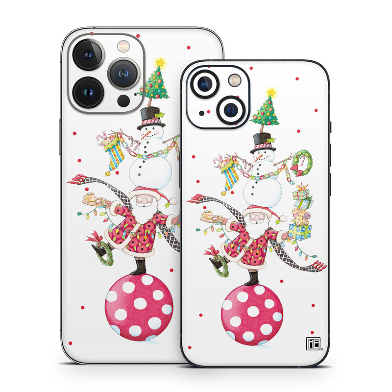 iPhone 13 Series Skin design of Snowman, Holiday ornament, Christmas ornament, Creative arts, Christmas decoration, Ornament, Pattern, Event, Art, Circle, with white, red, yellow, green, orange, black, blue colors