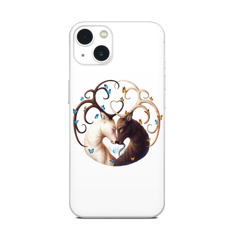 iPhone 13 Series Skin design of Gesture, Fawn, Serveware, Horn, Font, Art, Mythical creature, Dishware, Tail, Drinkware, with white, brown, blue, yellow, orange colors