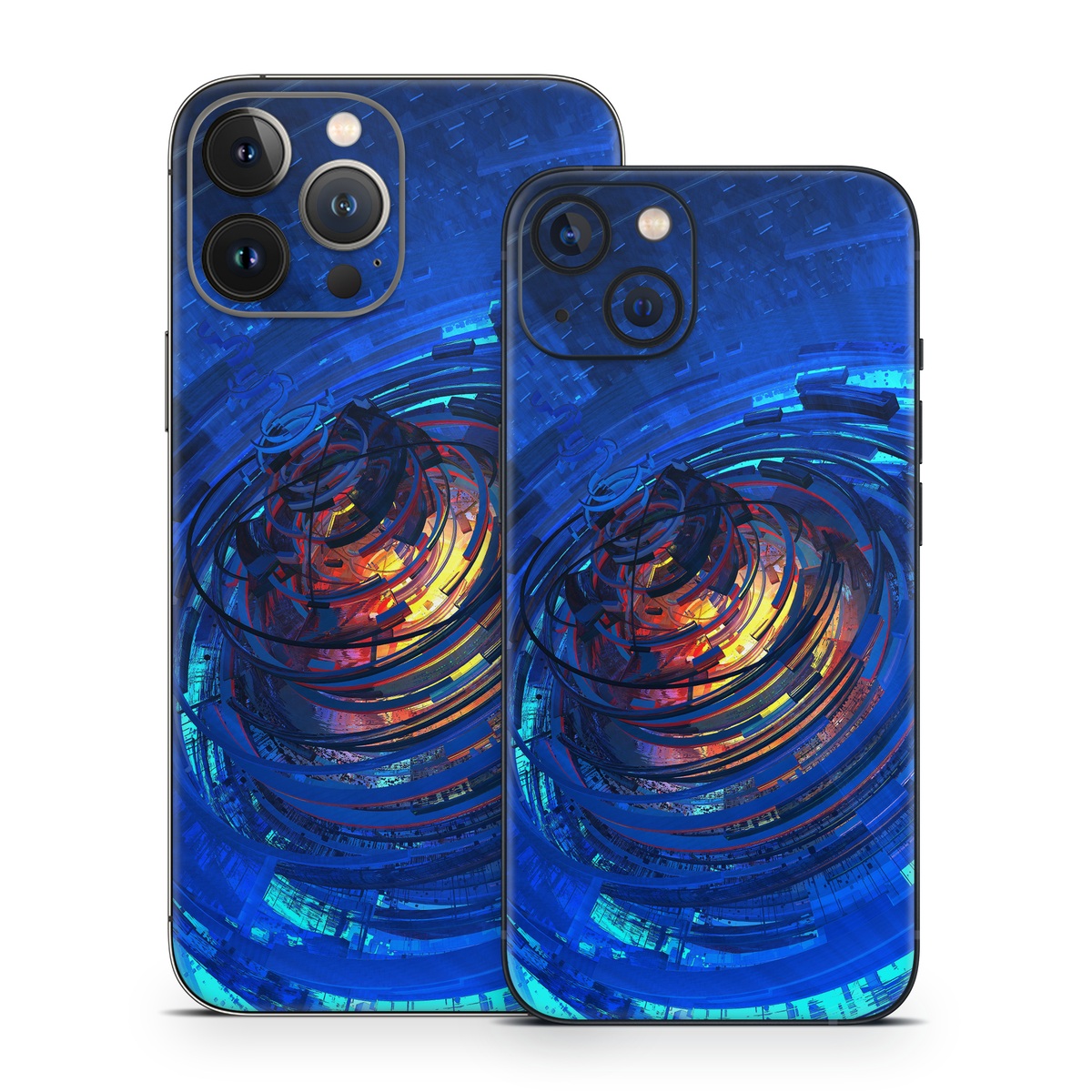 iPhone 13 Series Skin design of Blue, Water, Circle, Vortex, Electric blue, Wave, Liquid, Graphics, Pattern, Colorfulness, with blue, orange, yellow colors