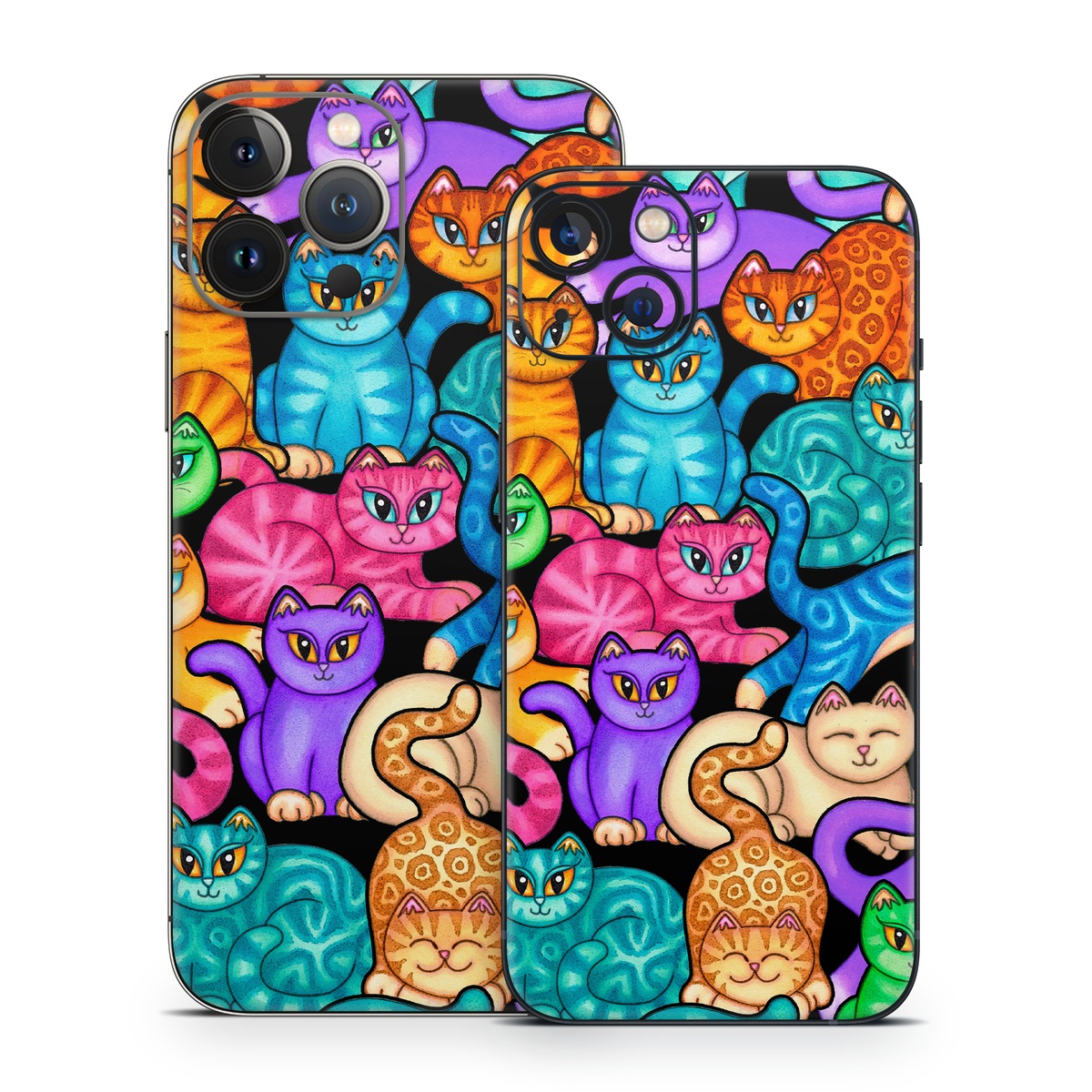 iPhone 13 Series Skin design of Cat, Cartoon, Felidae, Organism, Small to medium-sized cats, Illustration, Animated cartoon, Wildlife, Kitten, Art, with black, blue, red, purple, green, brown colors