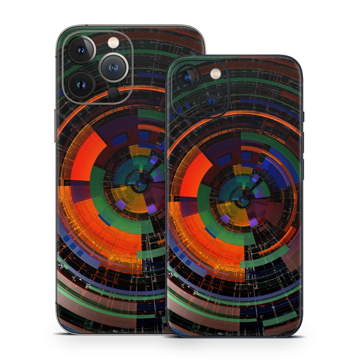 iPhone 13 Series Skin design of Colorfulness, Pattern, Circle, Design, Architecture, Symmetry, Art, Spiral, Psychedelic art, with black, red, blue, green, orange, brown colors