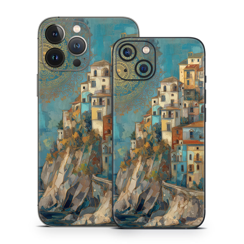 iPhone 13 Series Skin design of Blue, Visual arts, Paint, Painting, Art Paint, Watercolor painting, Village, Modern art, Mural, Acrylic paint, with blue, yellow, white, gray, red, blue, pink, green colors