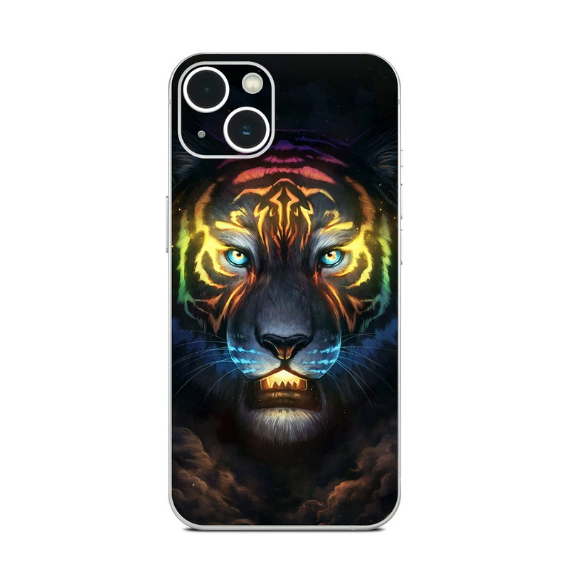 iPhone 13 Series Skin design of Felidae, Vertebrate, Carnivore, Organism, Painting, Roar, Bengal tiger, Big cats, Art, Whiskers, with black, yellow, orange, red, green, purple, blue colors