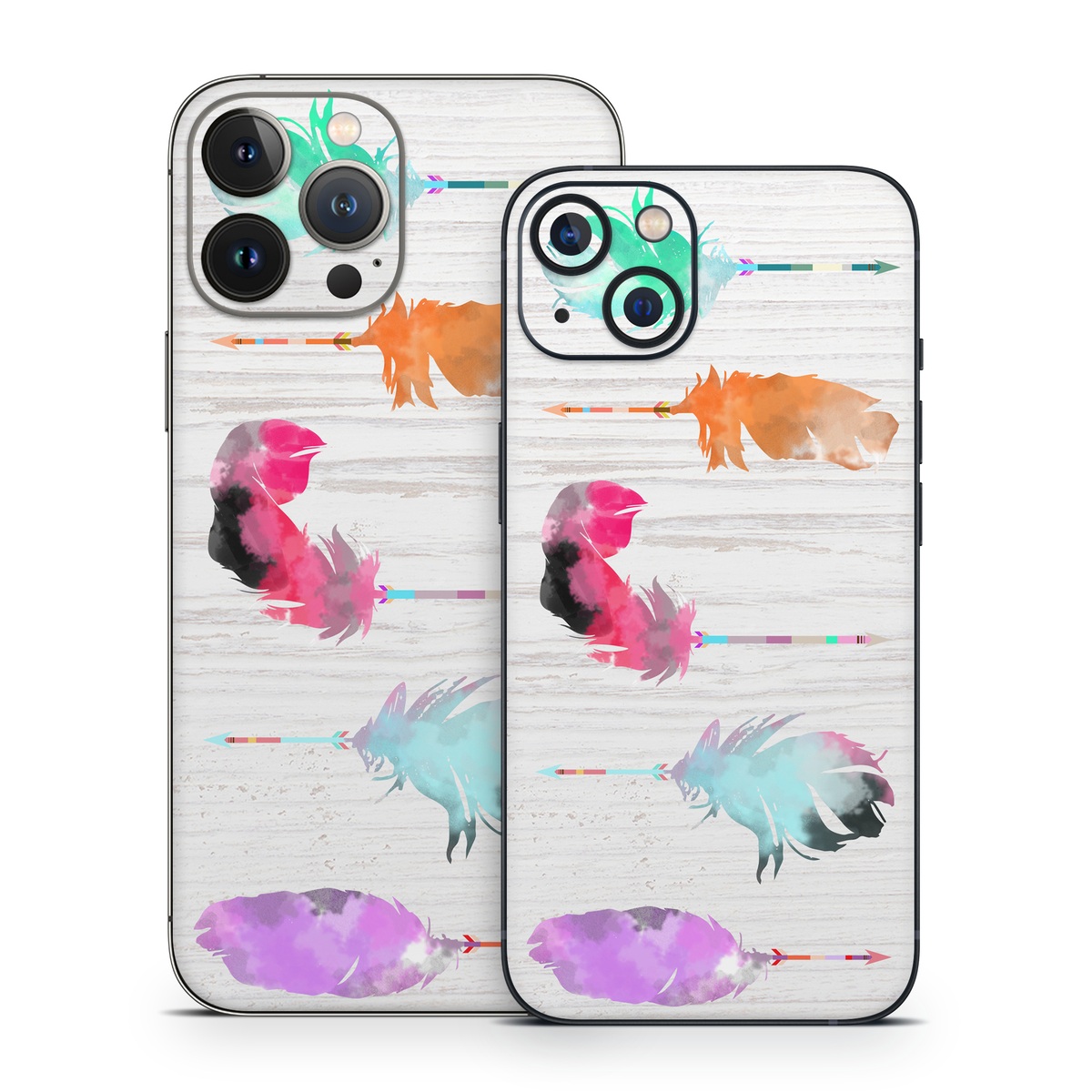 iPhone 13 Series Skin design of Pink, Watercolor paint, Illustration, Feather, Design, Art, Painting, Graphic design, Visual arts, Drawing, with white, orange, red, blue, pink, purple, green colors