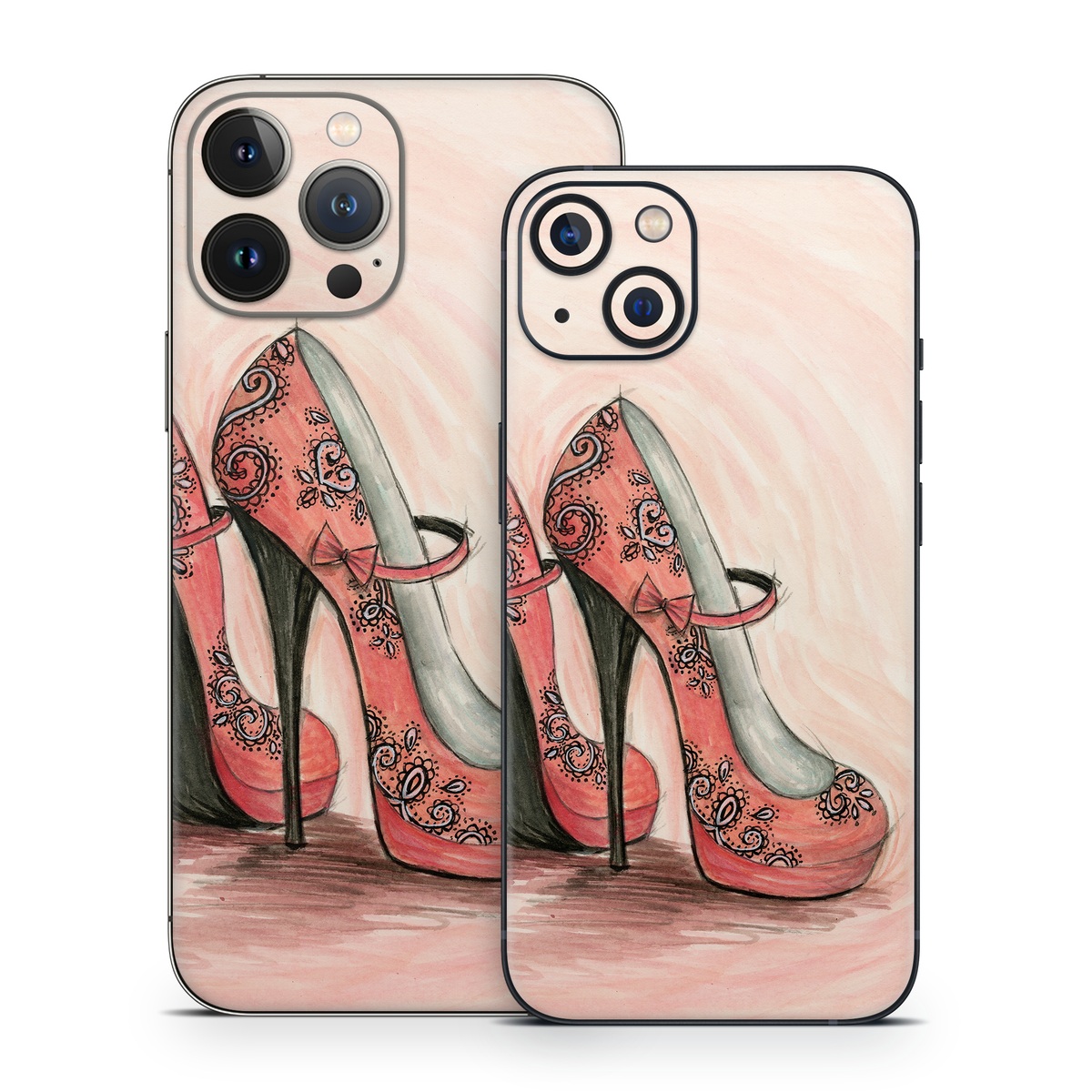 iPhone 13 Series Skin design of Footwear, High heels, Shoe, Pink, Court shoe, Illustration, Leg, Basic pump, Peach, Painting, with pink, gray, red, white, black, green colors
