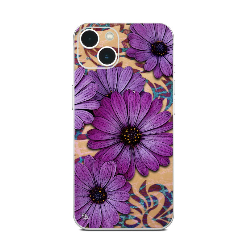 iPhone 13 Series Skin design of Purple, Flower, Violet, Petal, Plant, african daisy, Floral design, Wildflower, Pattern, Textile, with purple, black, gray, blue, green, red colors