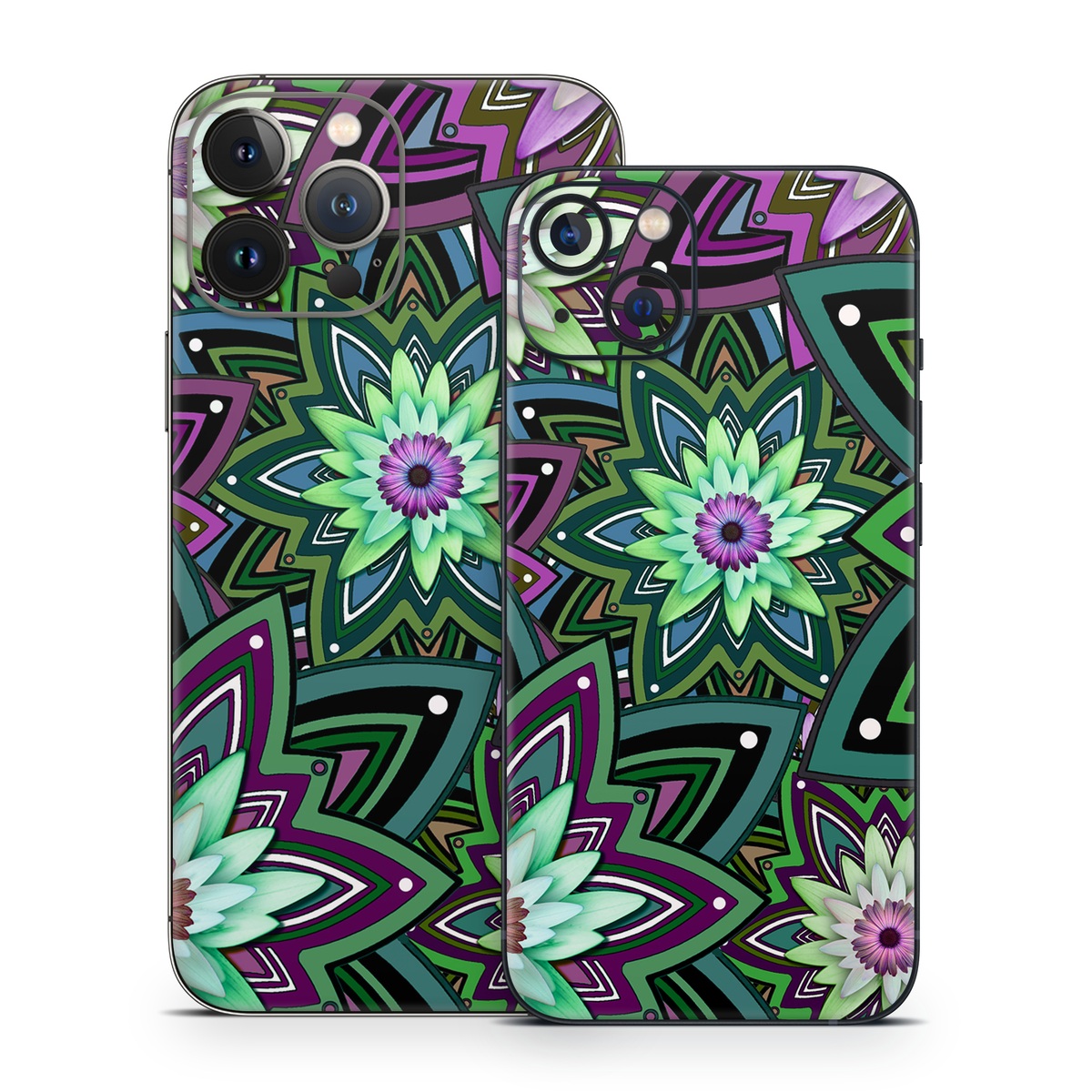 iPhone 13 Series Skin design of Pattern, Purple, Green, Flower, Psychedelic art, Design, Lilac, Plant, Symmetry, Visual arts, with black, gray, green, purple, blue, red colors