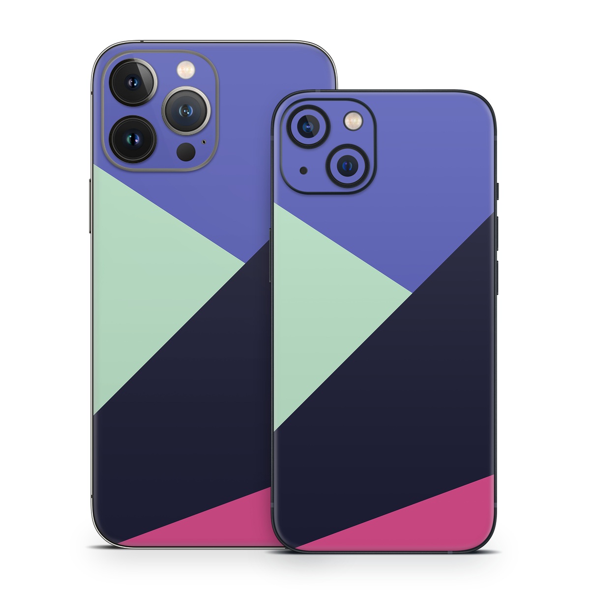 iPhone 13 Series Skin design of Purple, Violet, Line, Magenta, Graphic design, Triangle, Pattern, Design, Material property, Font, with black, blue, green, pink colors