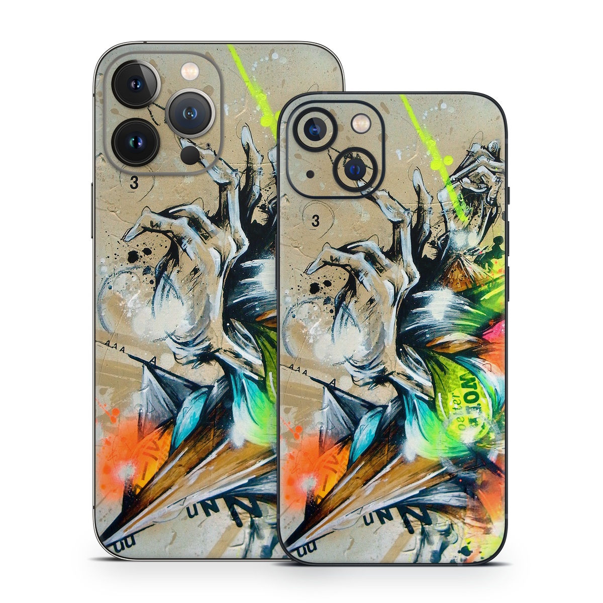 iPhone 13 Series Skin design of Graphic design, Art, Illustration, Fictional character, Visual arts, Graphics, Painting, Watercolor paint, Modern art, Games, with gray, black, green, red, orange, pink colors