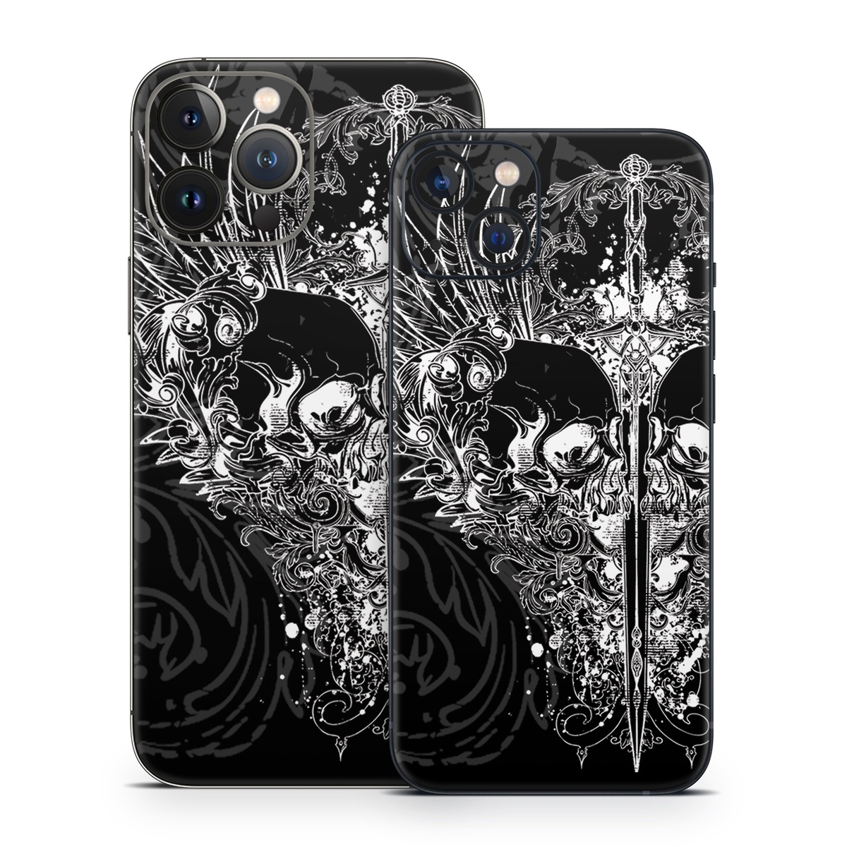 iPhone 13 Series Skin design of Illustration, Art, Design, Monochrome, Graphic design, Pattern, Fictional character, Skull, Black-and-white, Graphics, with black, gray colors