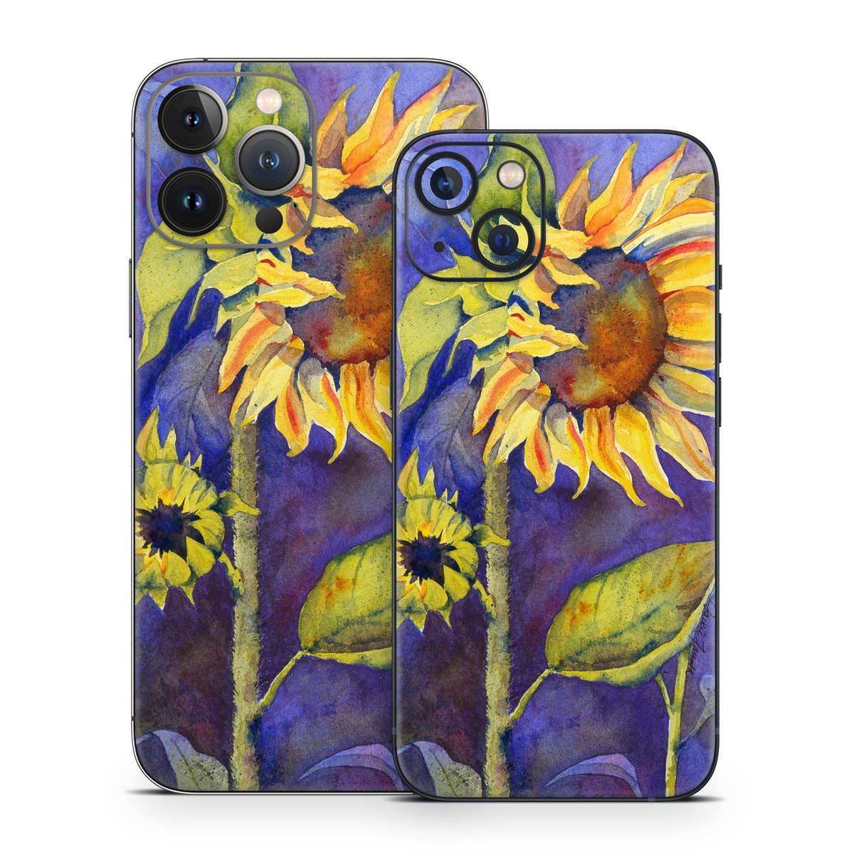 iPhone 13 Series Skin design of Flower, Sunflower, Painting, sunflower, Watercolor paint, Plant, Flowering plant, Yellow, Acrylic paint, Still life, with green, black, blue, gray, red, orange colors