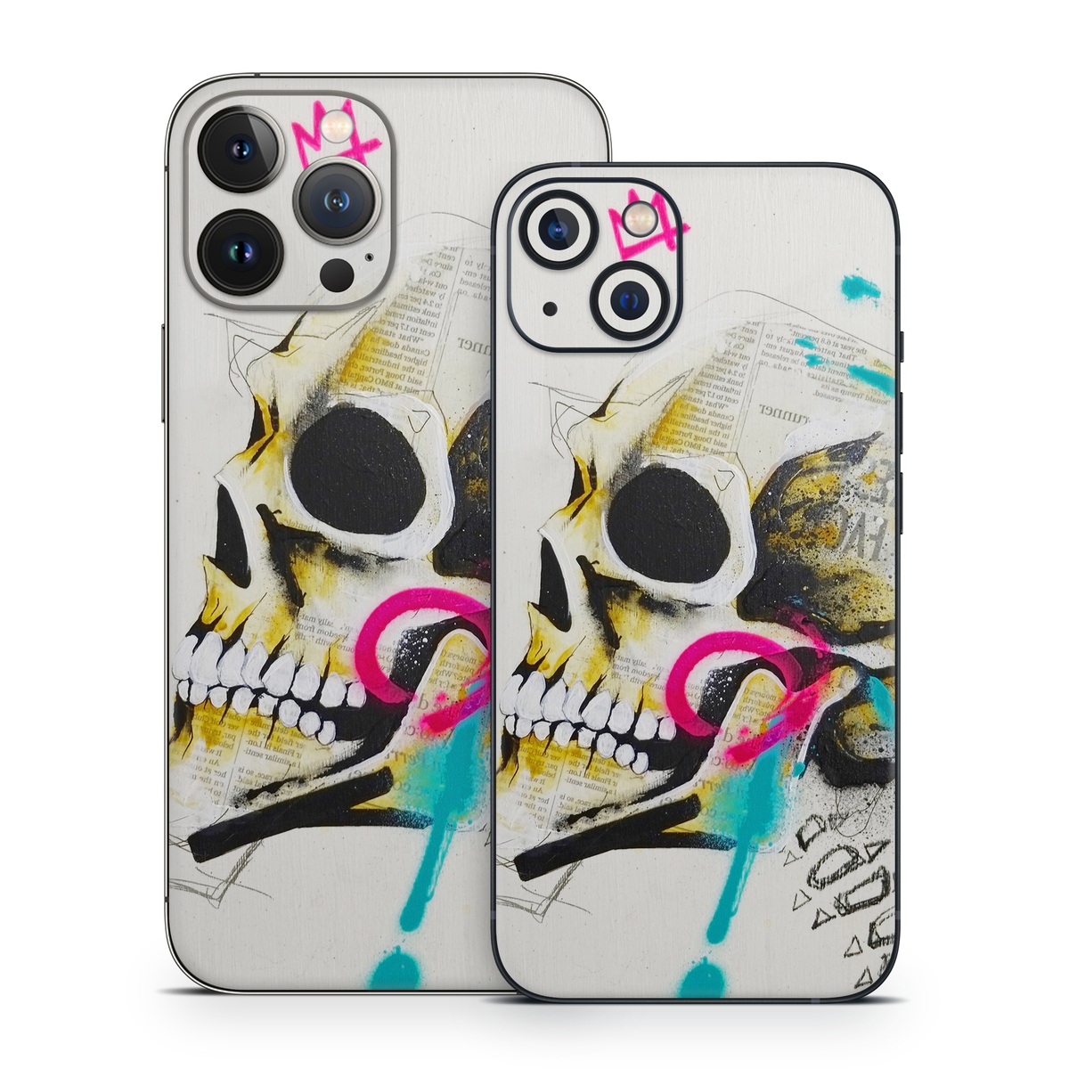 iPhone 13 Series Skin design of Graphic design, Skull, Illustration, Art, Bone, Drawing, Visual arts, Font, Modern art, Street art, with blue, pink, yellow, black colors